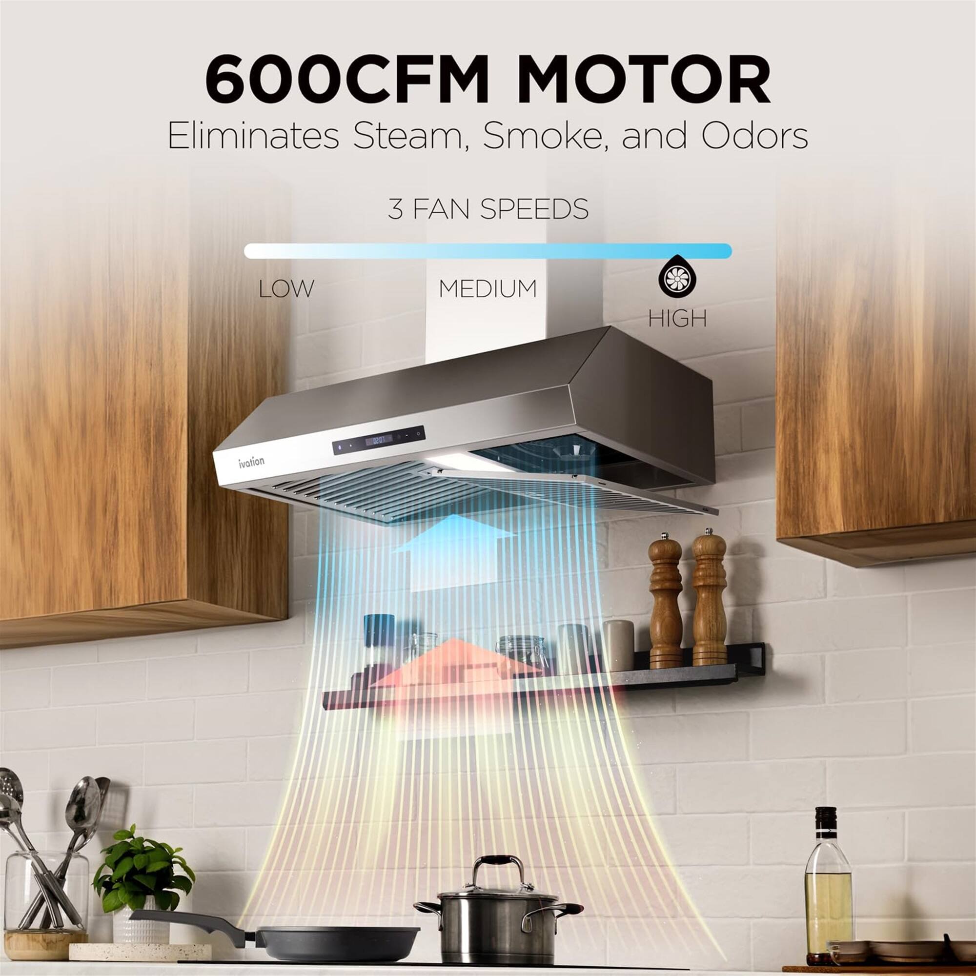 600CFM MOTOR Eliminates Steam, Smoke, and Odors 3 FAN SPEEDS LOW MEDIUM HIGH ivotien