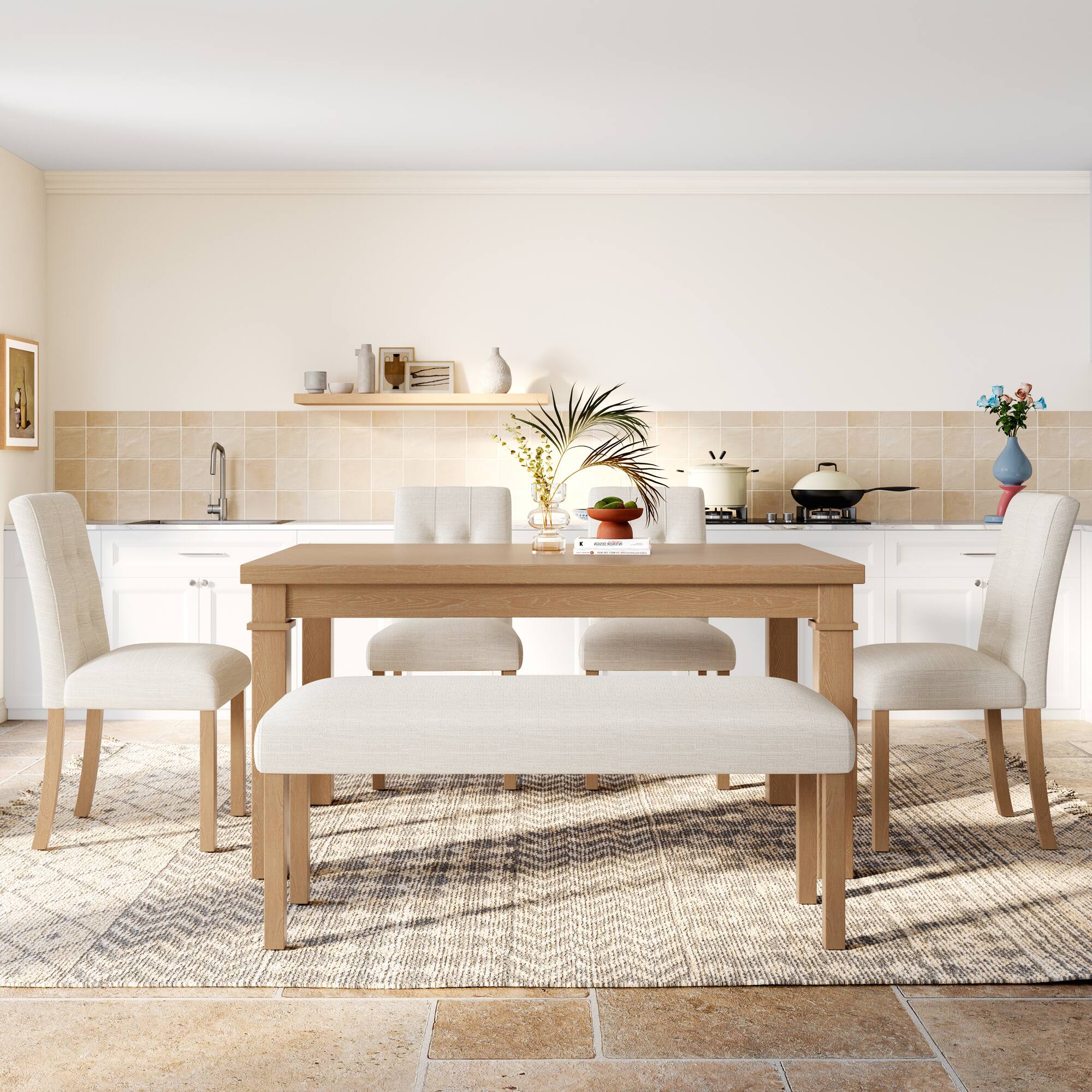 Back. APRILSOUL - 6-Piece Modern Dining Set Rectangle Kitchen Table with 4 Upholstered Chairs and Bench Ideal for Dining Room - Natural.