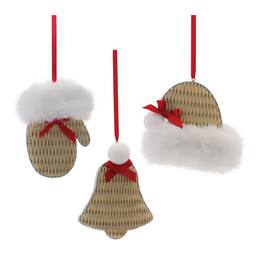 BreeBe - Cozy Mitten Hat and Bell Ornament (Set of 12) - White,Brown,Red