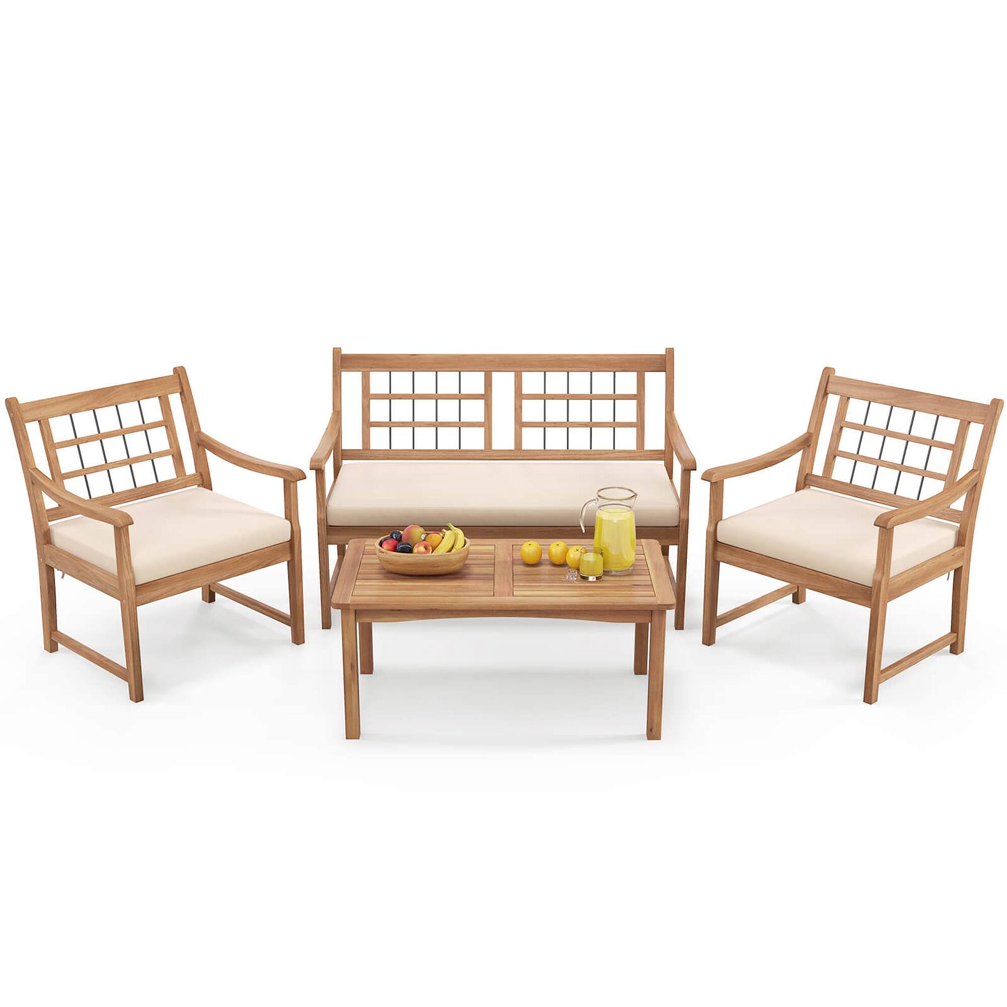 Alt View 9. Costway - 4 PCS Wood Patio Furniture Set with Soft Seat Cushions Solid Acacia Wood Frame - Off White,Natural.