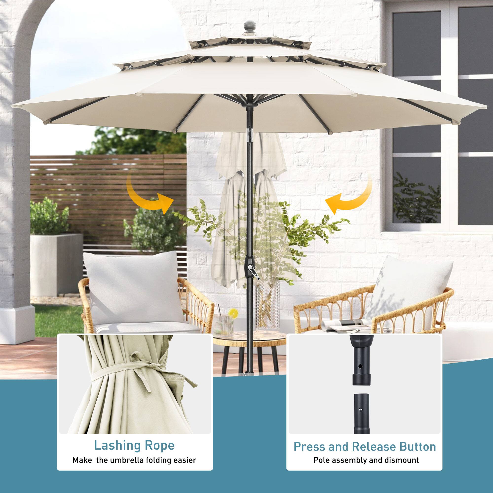 Lashing Rope  
Make the umbrella folding easier  

Press and Release Button  
Pole assembly and dismount