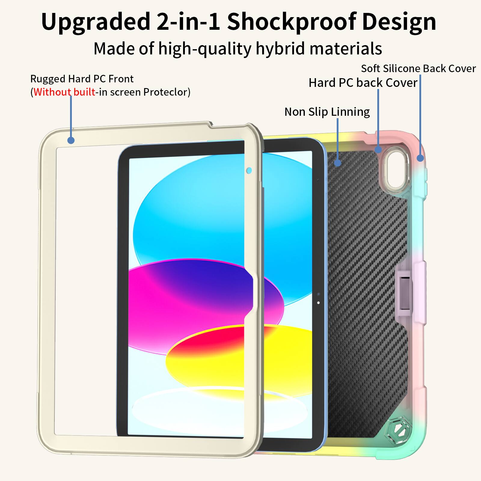 Upgraded 2-in-1 Shockproof Design  
Made of high-quality hybrid materials  
Soft Silicone Back Cover  
Rugged Hard PC Front  
Hard PC back Cover (Without built-in screen Protector)  
Non Slip Lining