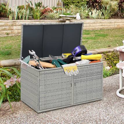 Front. Gymax - Gymax 88 Gallon Rattan Storage Box Outdoor Patio Container Seat w/ Shelf Door - Grey.