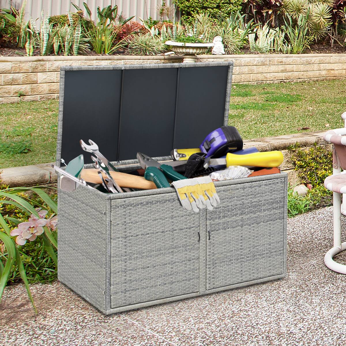 Front. Gymax - Gymax 88 Gallon Rattan Storage Box Outdoor Patio Container Seat w/ Shelf Door - Grey.