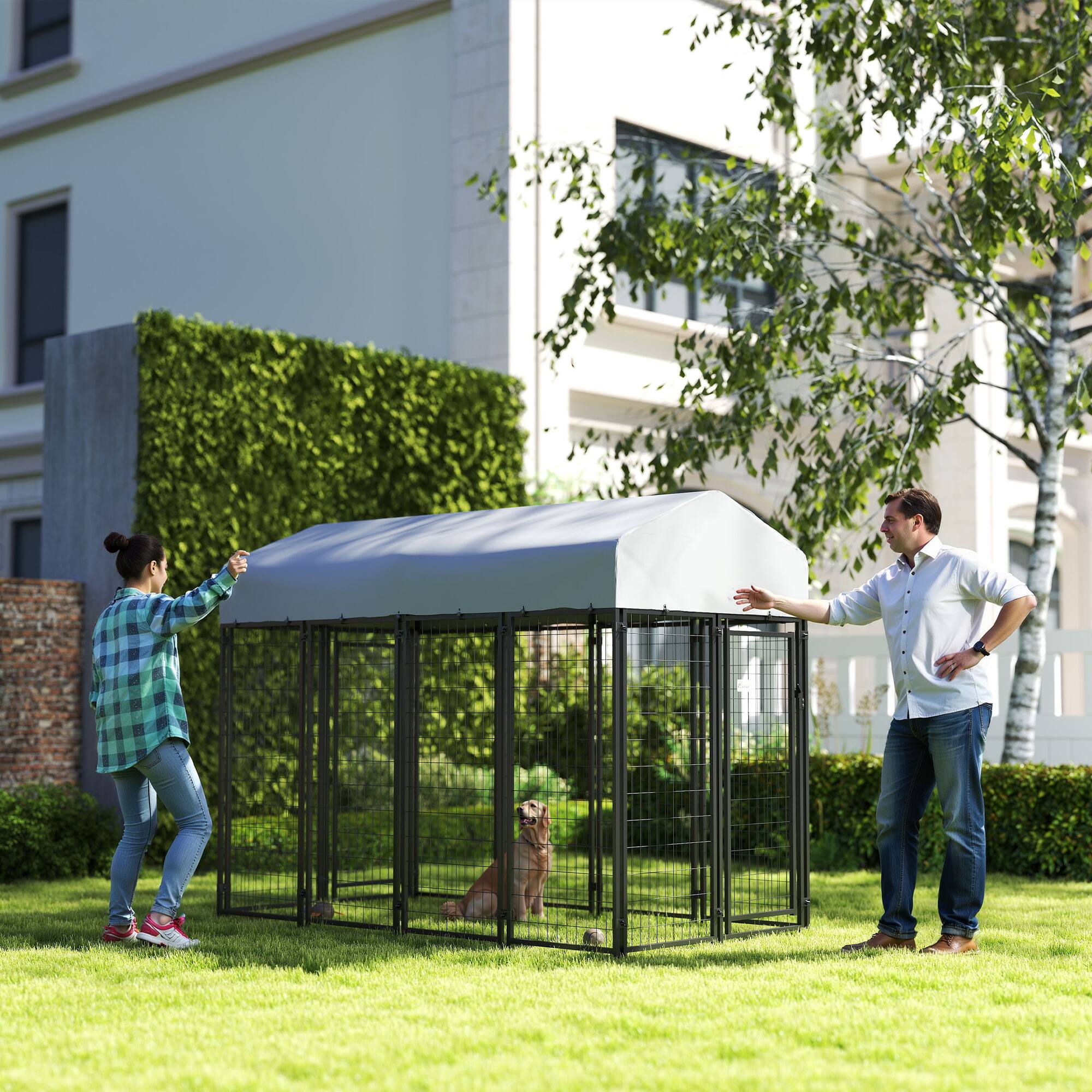 Alt View 1. Pawhut - Dog Kennel with Two-Room Design, Water-Resistant & Sun-Proof Cover, for S, M, L Dogs - Silver.