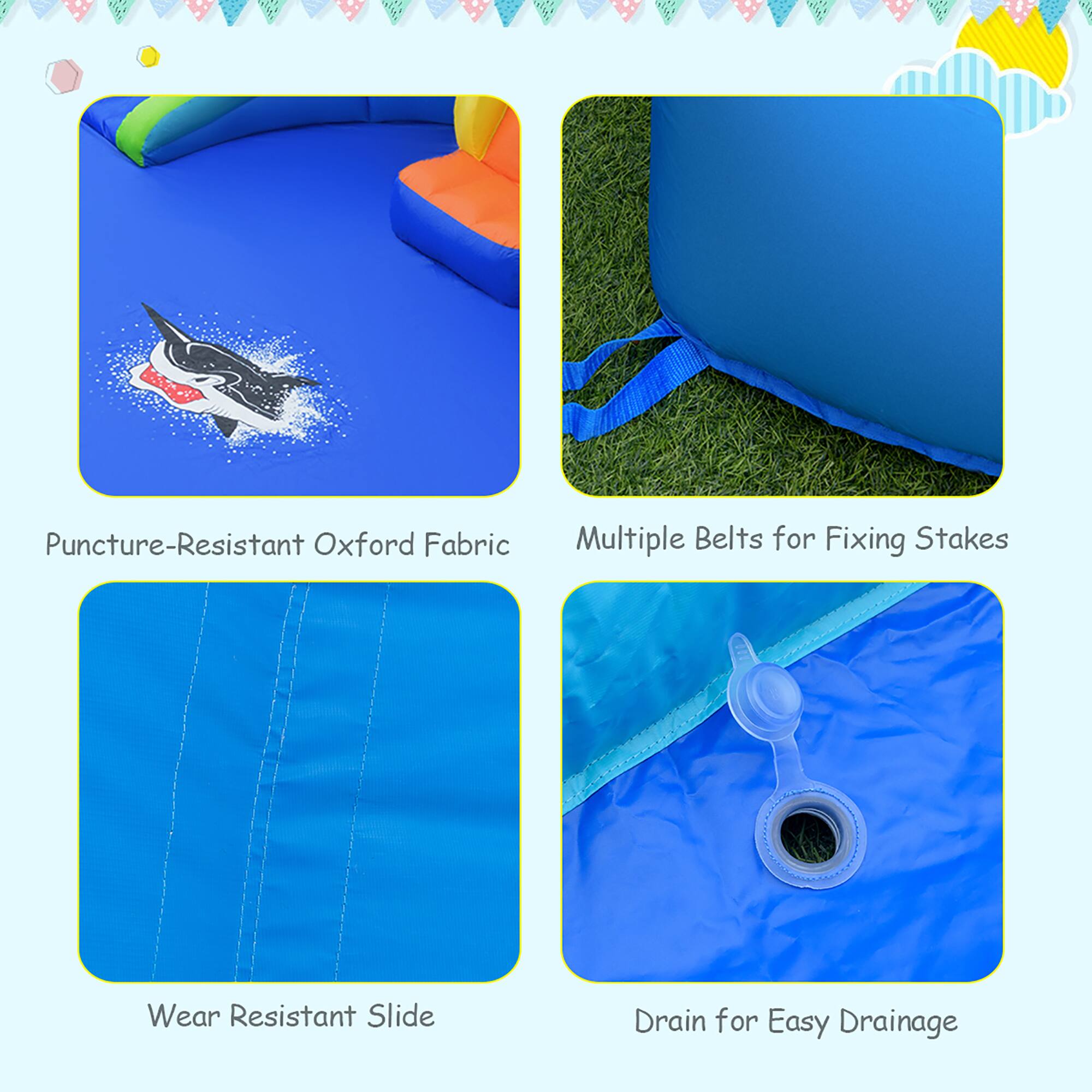 - Puncture-Resistant Oxford Fabric
- Multiple Belts for Fixing Stakes
- Wear Resistant Slide
- Drain for Easy Drainage