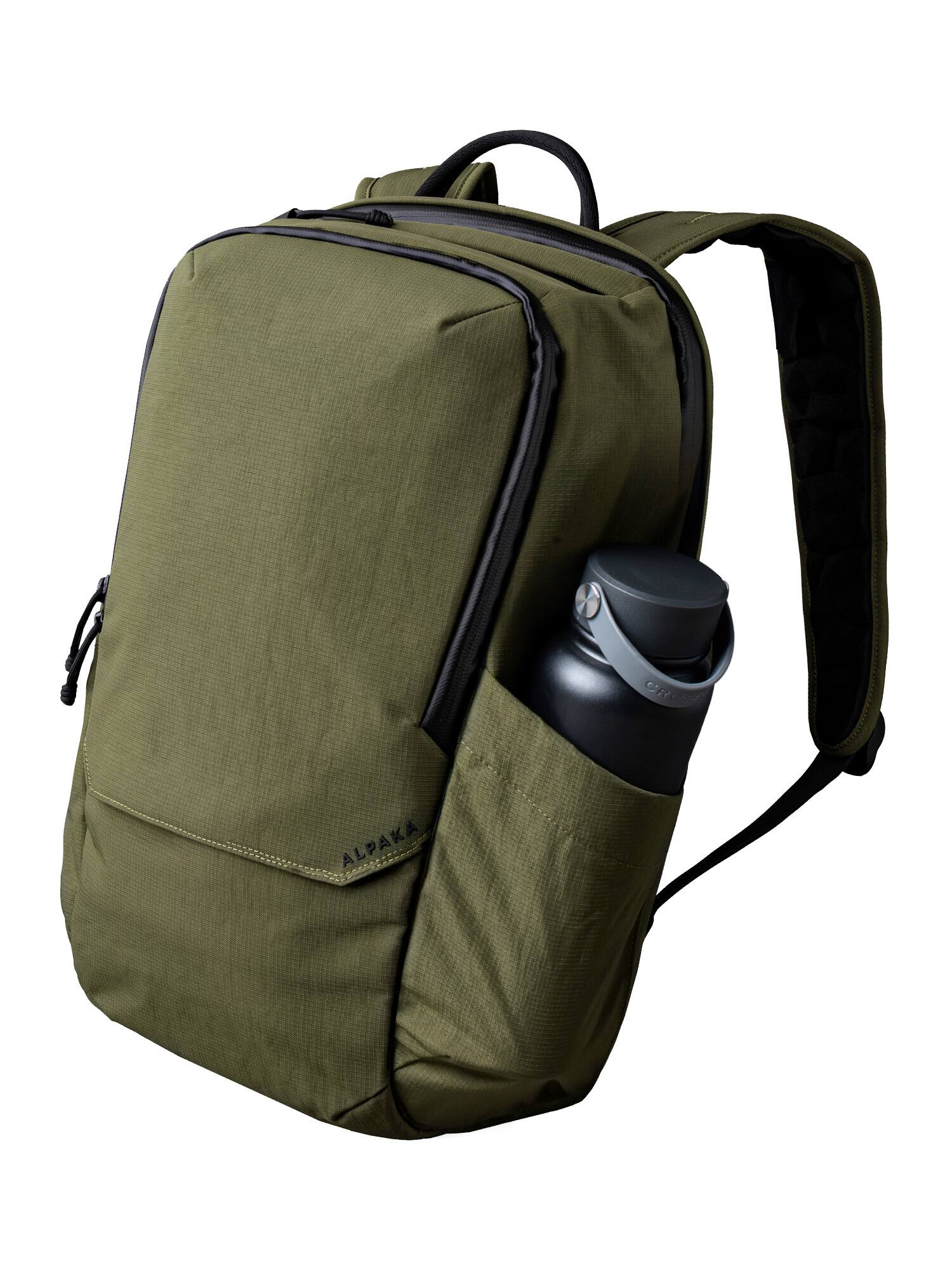 Front. ALPAKA - Elements Backpack Pro Laptop Backpack Fits 16'' Laptop with Dual Bottle Pockets, Travel Backpack for Men - Green Axoflux 400D Ripstop Nylon.
