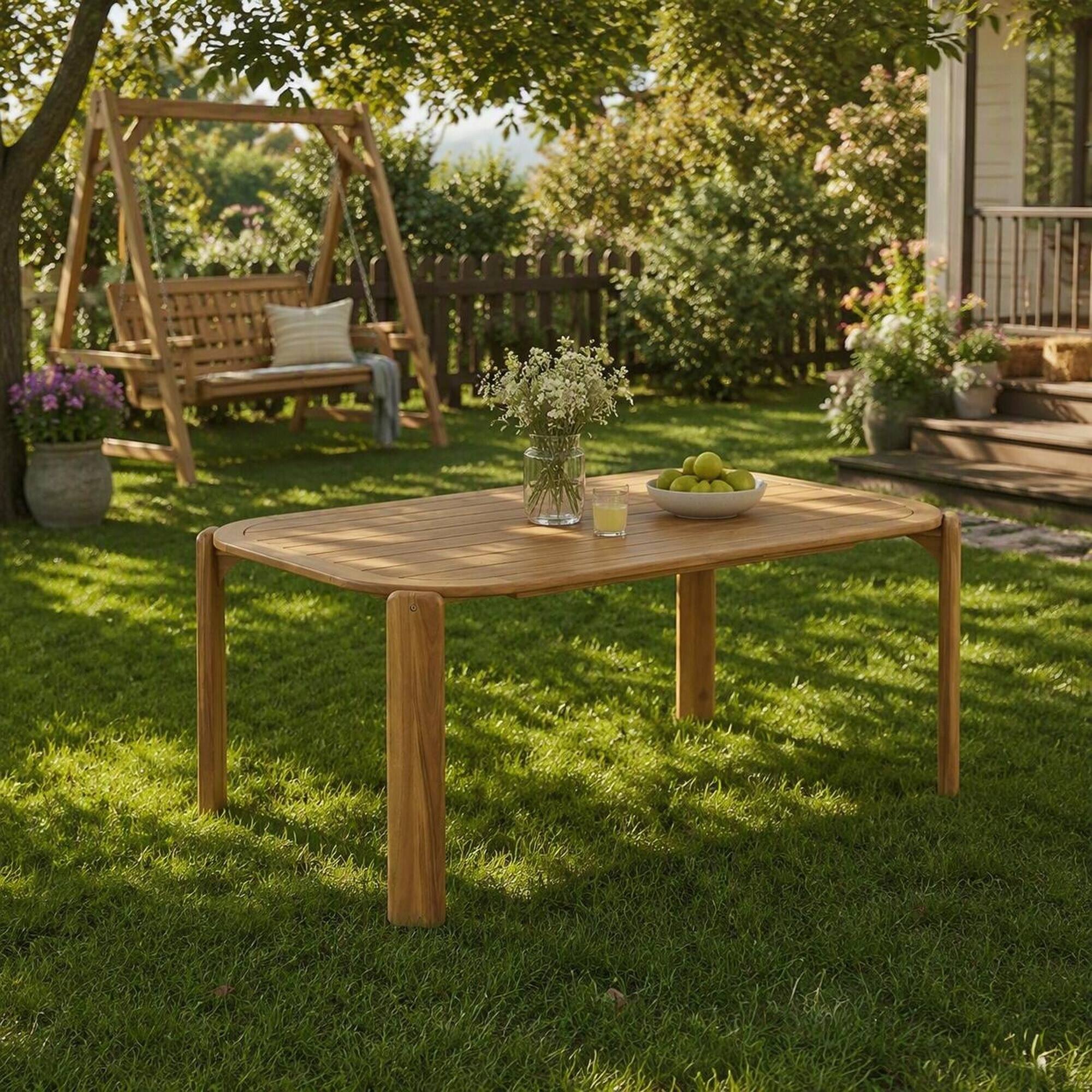Alt View 2. RYHNUYNE - Acacia Wood Outdoor Dining Table, Teak Finish Slat Design Patio Table For Garden, Backyard And Deck Use - Teak.