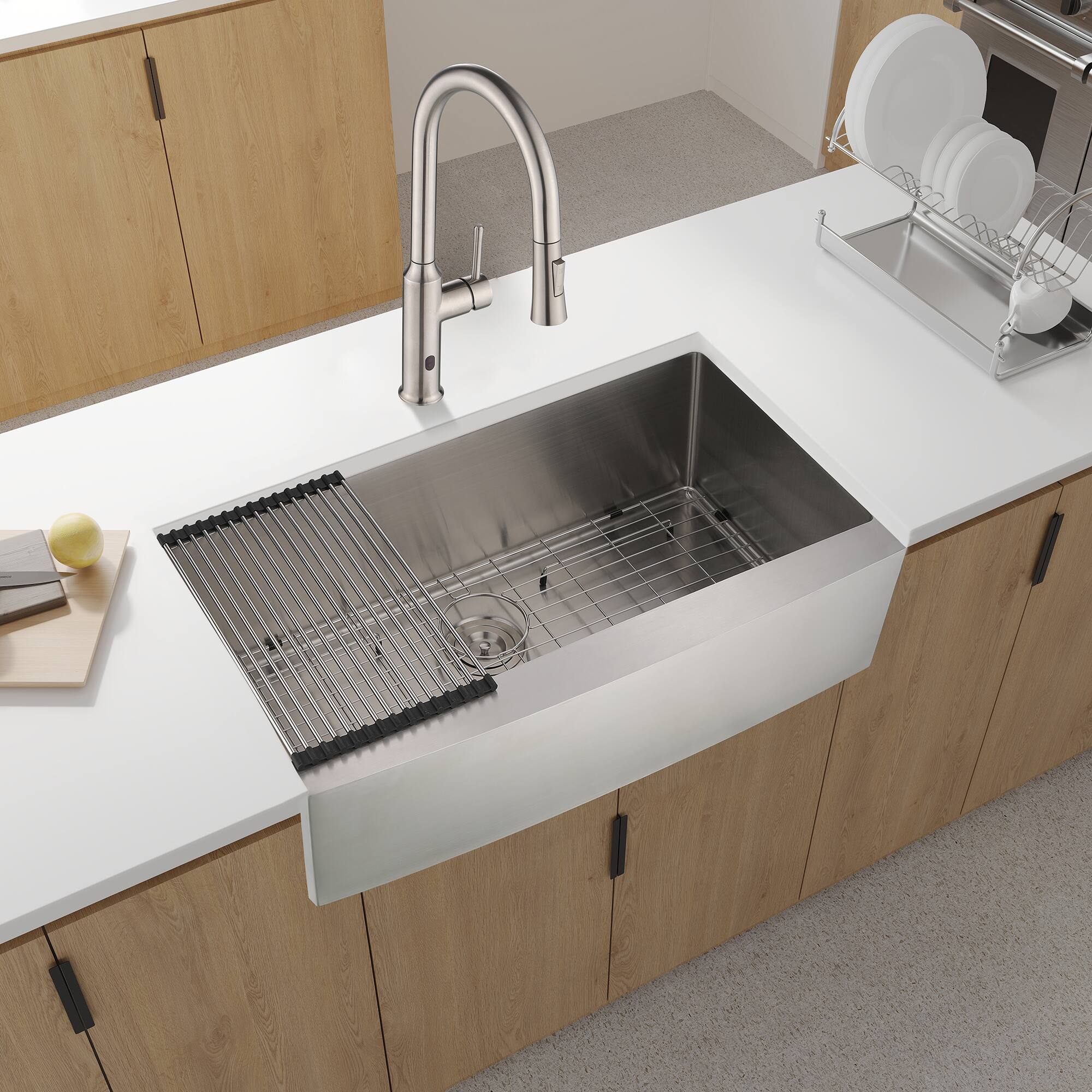 Left. ELEMENT ACE - 30" Farmhouse Apron Front Single Bowl Stainless Steel Kitchen Sink - Brushed Nickel.