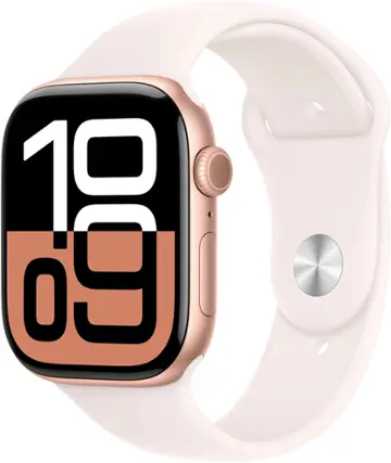 Angle. Apple - Apple Watch Series 10 (GPS+Cellular) 46mm Aluminum Case with Light Blush Sport Band - S/M - Rose Gold.