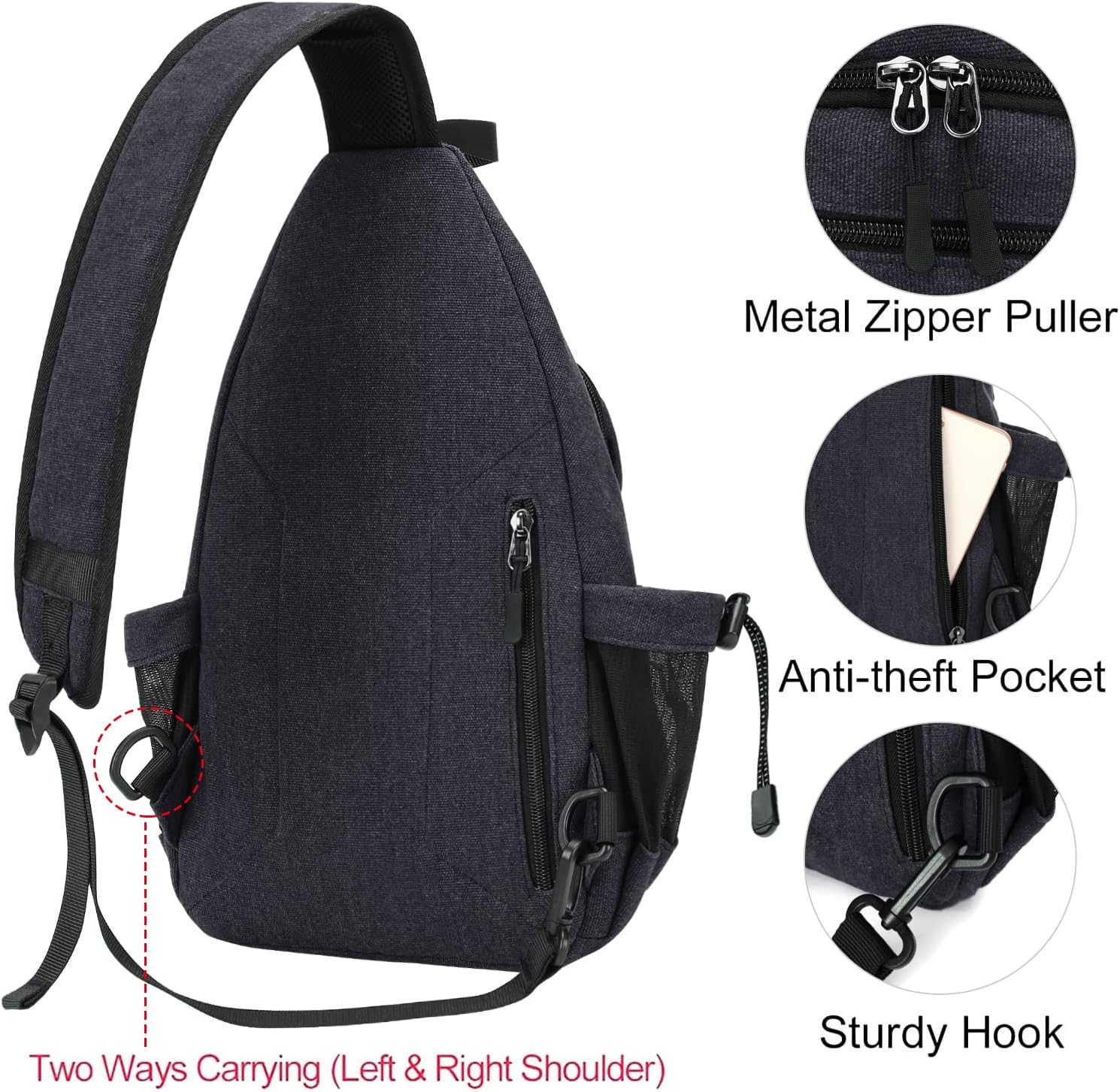Metal Zipper Puller  
Anti-theft Pocket  
Two Ways Carrying (Left & Right Shoulder)  
Sturdy Hook