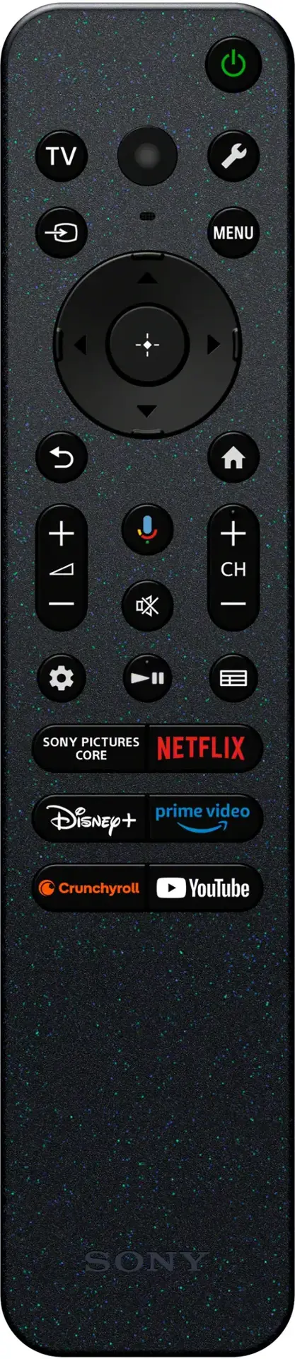 The text on the image reads:

TV G + MENU + + CH - - SONY PICTURES CORE NETFLIX prime video Disney+ + Crunchyroll YouTube SONY

Corrected text:

TV G + MENU + + CH - - SONY PICTURES + CORE + NETFLIX + prime video + Disney+ + Crunchyroll + YouTube + SONY