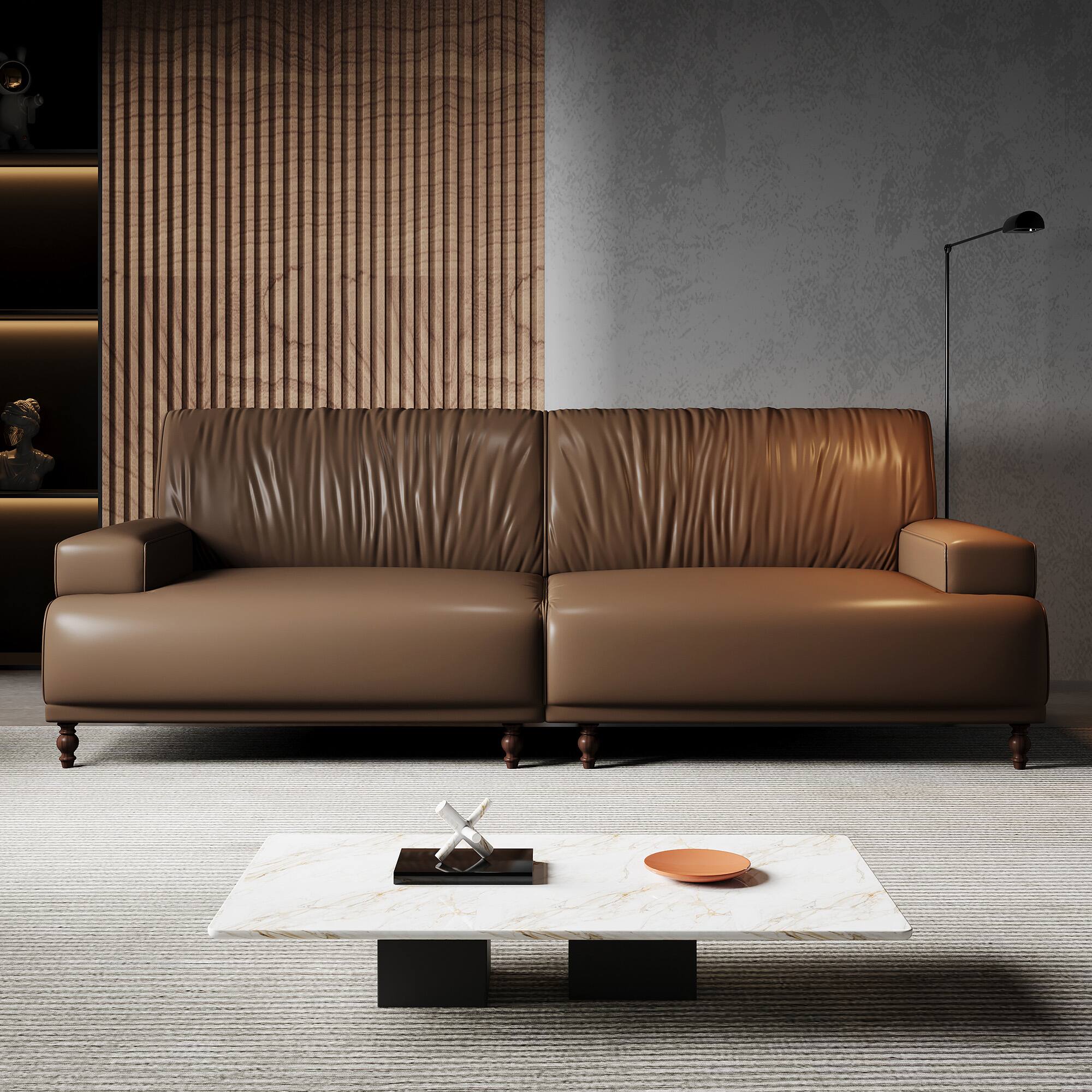 Angle. luck idea - 86.4" Leather Sofa, Modern Living Room Combination Sofa - Brown.