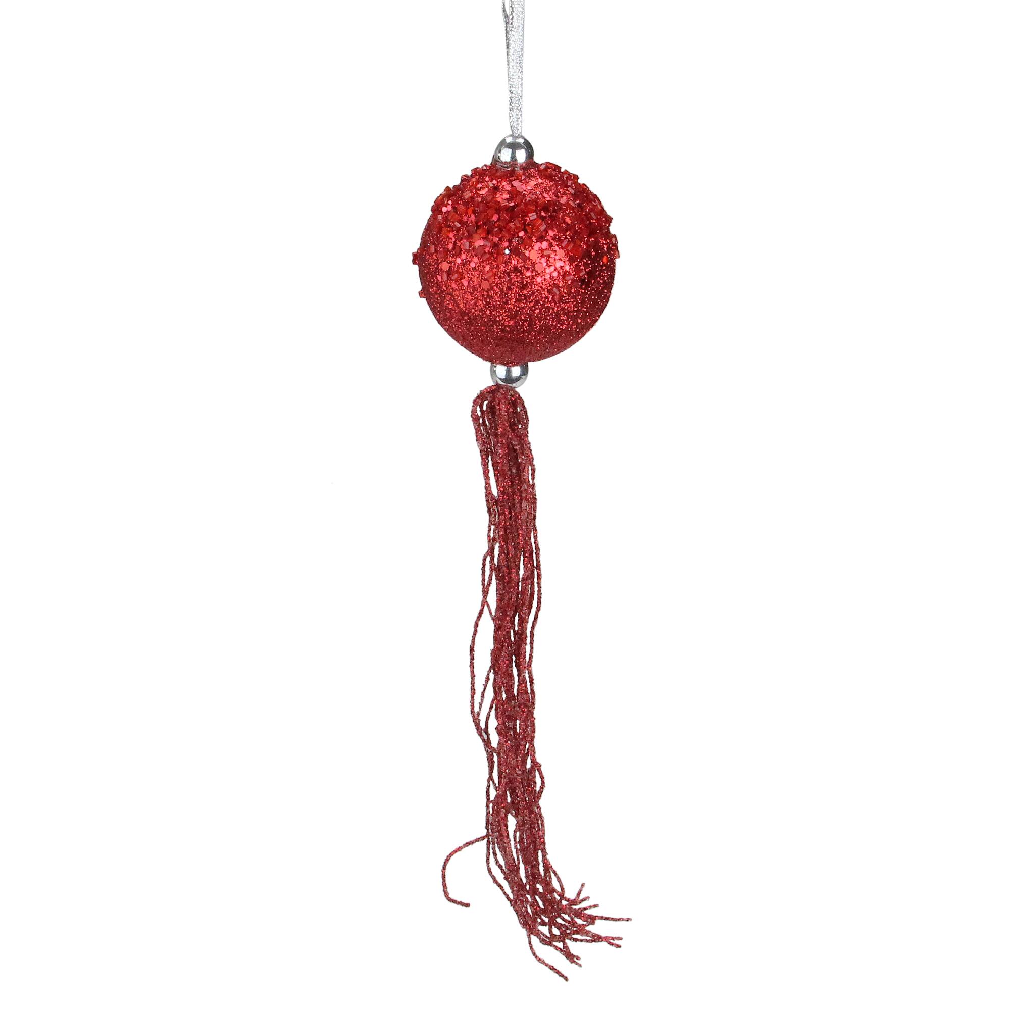 Front. Allstate - Red Glittered Christmas Ball Ornament with Tassels and Beads 12" (304.8mm) - Red.