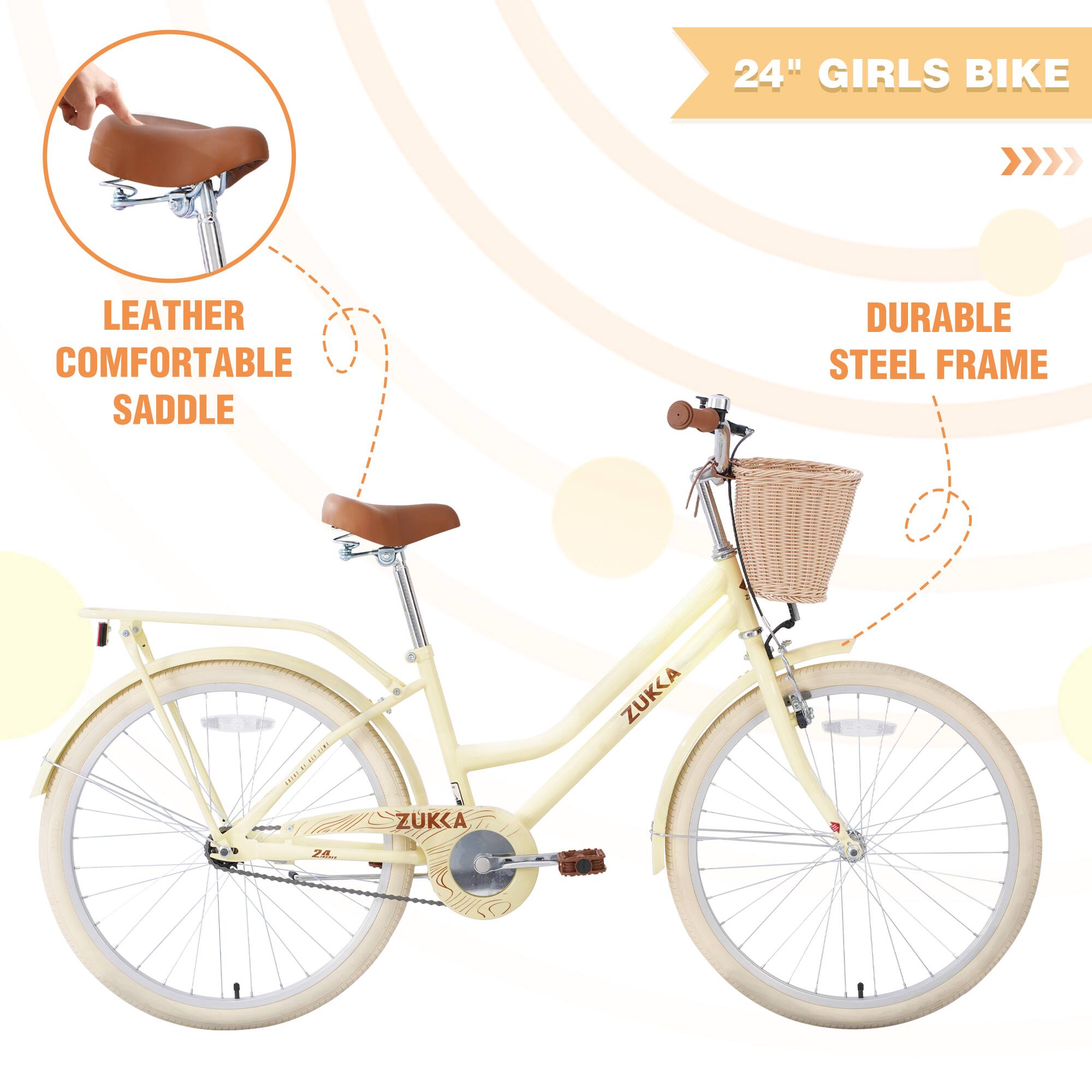 24" GIRLS BIKE  
LEATHER COMFORTABLE SADDLE  
DURABLE STEEL FRAME