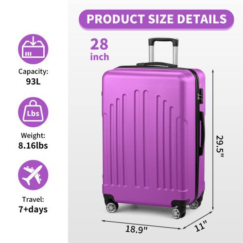 PRODUCT SIZE DETAILS

28 inch

Capacity: 93L

Weight: 8.16lbs

Travel: 7+days

Dimensions: 29.5" x 18.9" x 11"