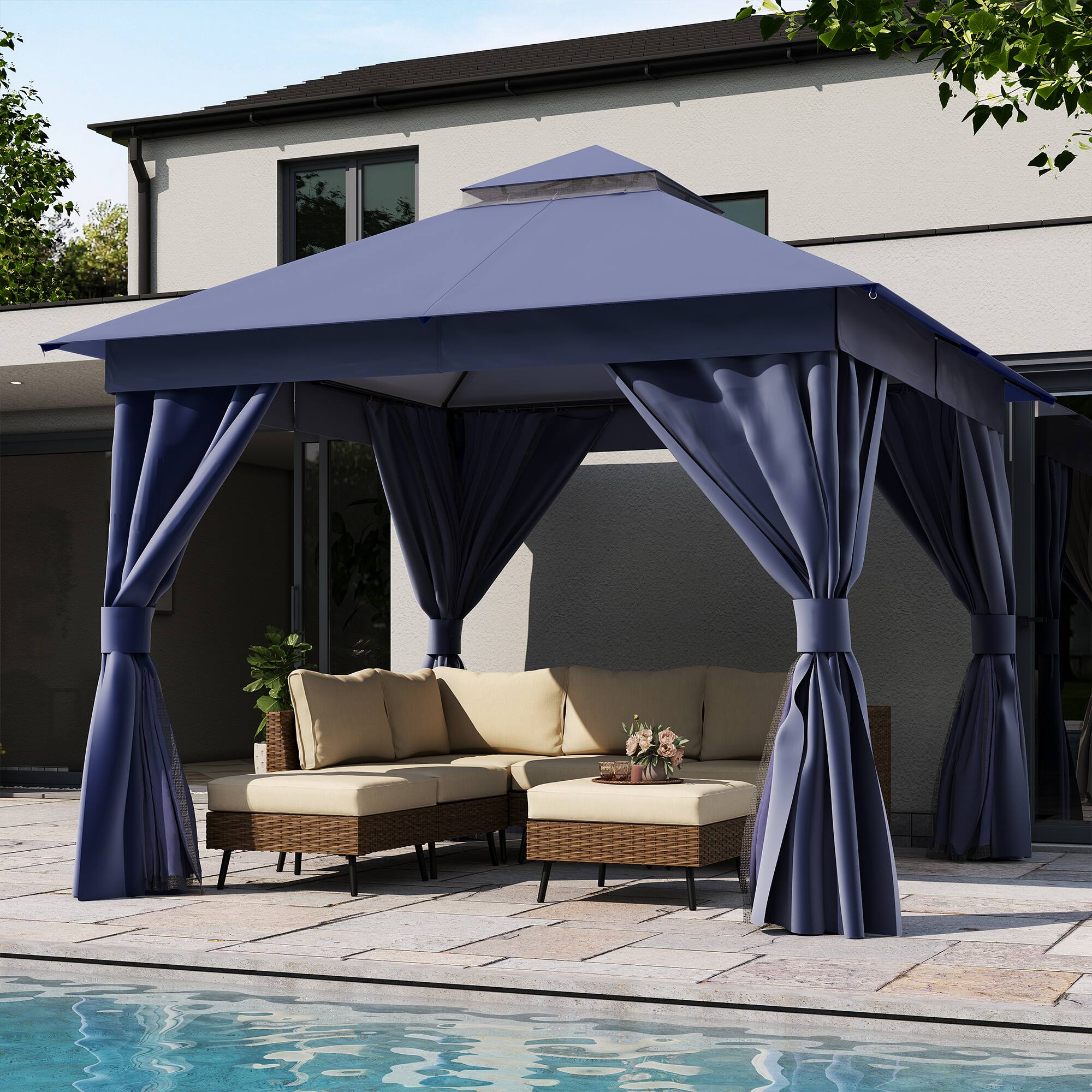 Angle. Yardgrace - 10x10 FT Outdoor Heavy Duty Metal Frame Gazebo Double Roof Mosquito Net Privacy Screen Patio Backyard Garden - Blue.