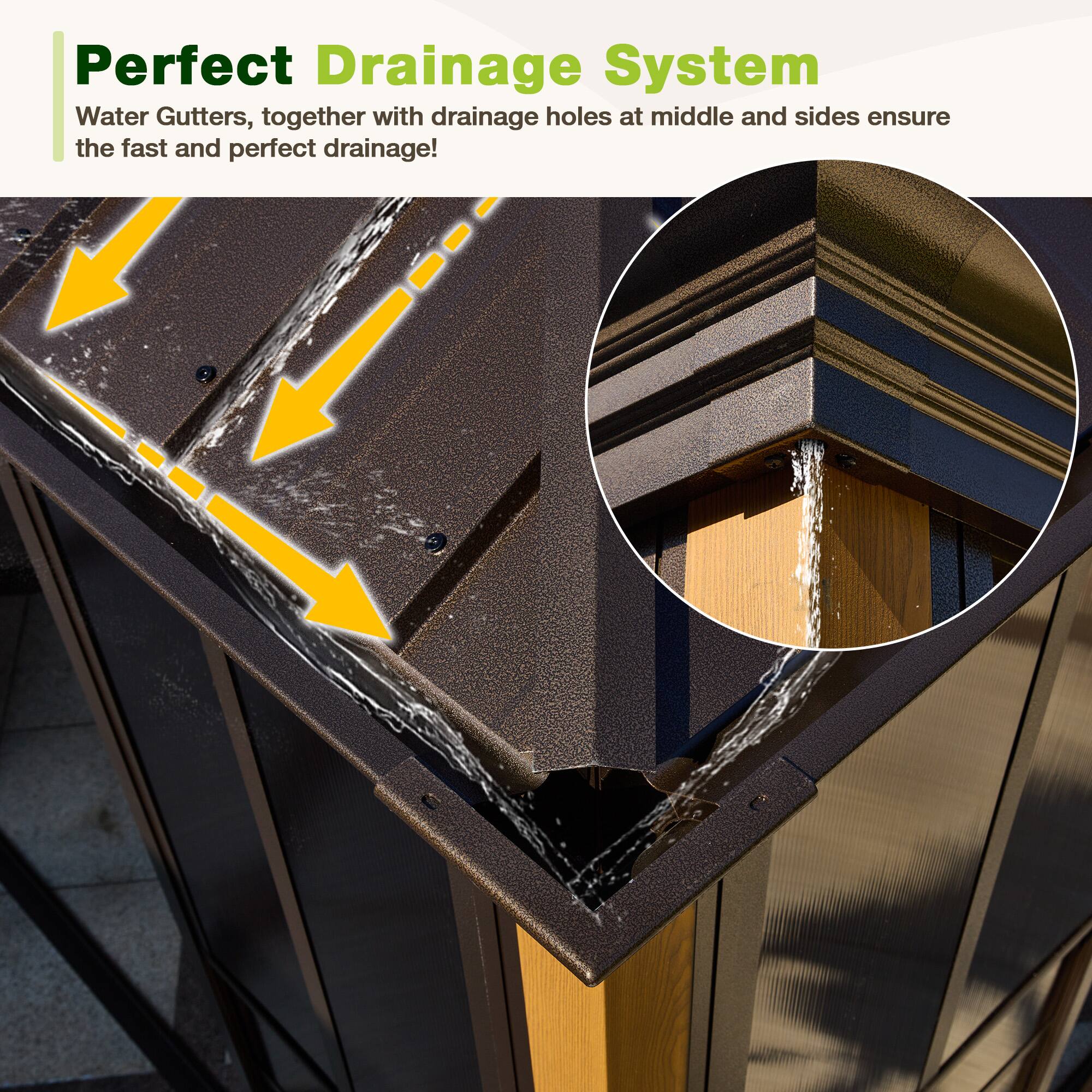 Perfect Drainage System  
Water Gutters, together with drainage holes at middle and sides ensure the fast and perfect drainage!