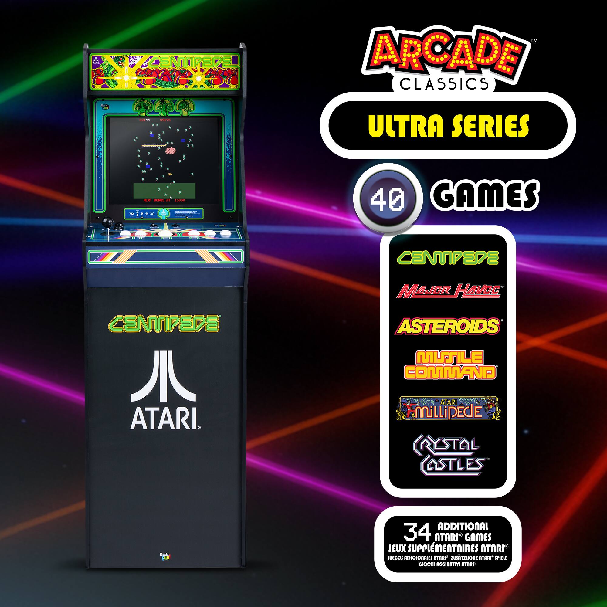 **Arcade Classics Ultra Series**

- **40 Games**
  - Centipede
  - Major Havoc
  - Asteroids
  - Missile Command
  - Millipede
  - Crystal Castles

- **34 Additional Atari Games**
  - Jeux Supplémentaires Atari
  - 34 Jeux Supplémentaires Atari
  - 34 Additional Atari Games

**Atari**