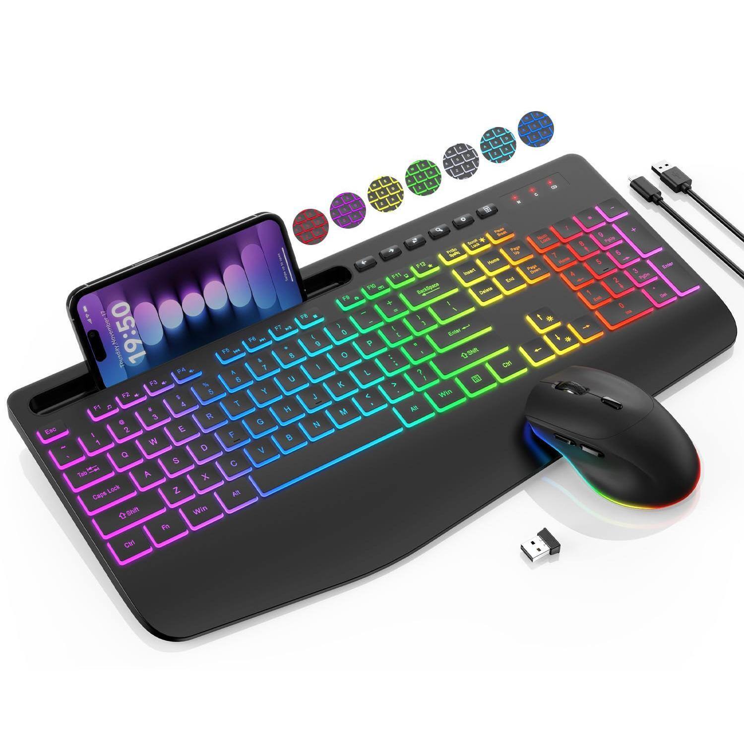 Earthley Blooms - Wireless And Mouse Combo 9 Backlit Effects Rgb Wrist Rest Phone Holder Full Size Rechargeable Sleep Mode - Wireless - Classic Black