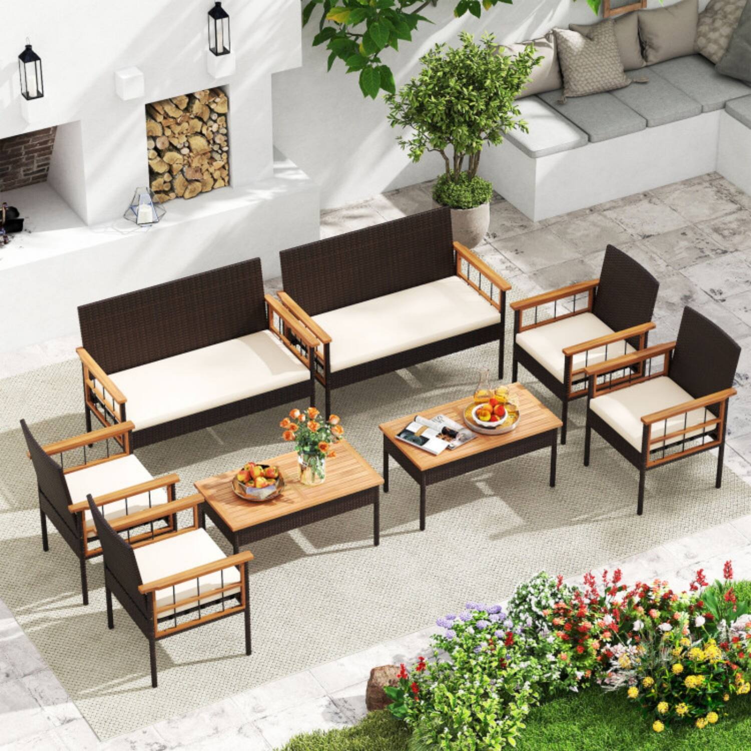 Alt View 2. Mondawe - 47x23x31.5 IN Freestanding Wicker Patio Set with Loveseat, 2 Chairs & Table 4-Piece - Mix Brown+White.