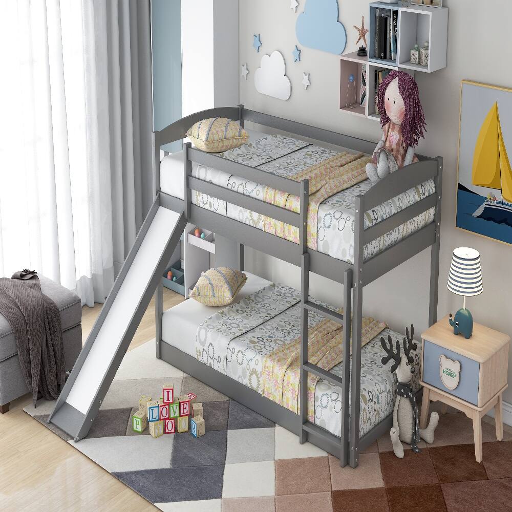 Alt View 3. Loheer - Loheer Twin over Twin Bunk Bed with Slide Gray Wooden Bunk Bed - Gray.