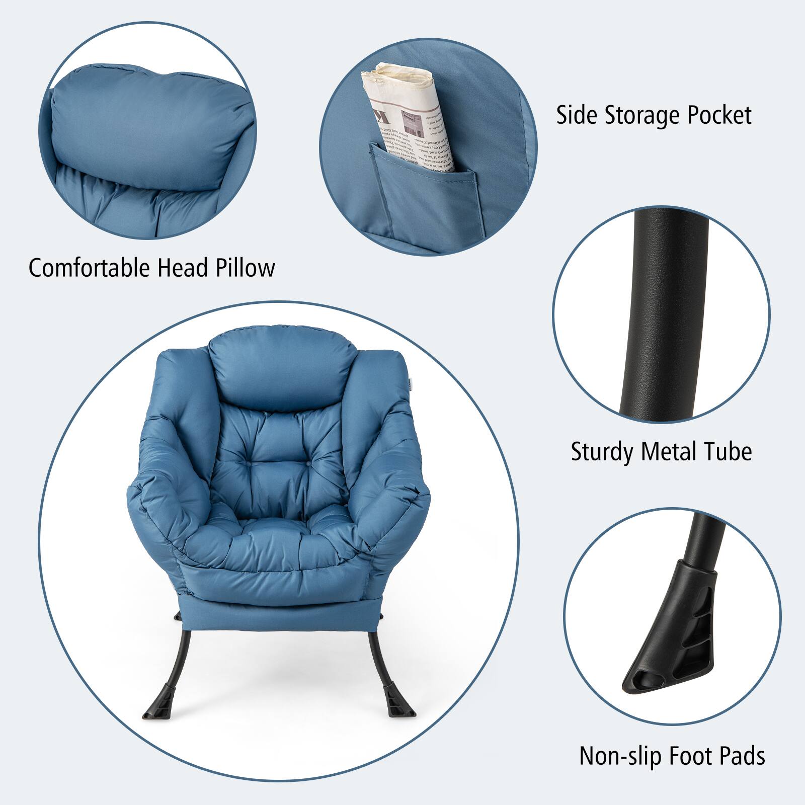 Side Storage Pocket, Comfortable Head Pillow, Sturdy Metal Tube, Non-slip Foot Pads