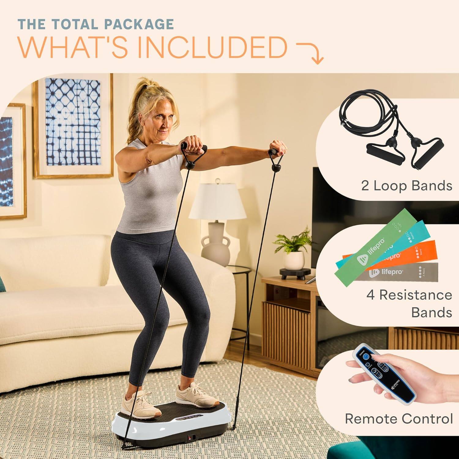 THE TOTAL PACKAGE  
WHAT'S INCLUDED

- 2 Loop Bands
- 4 Resistance Bands
- Remote Control