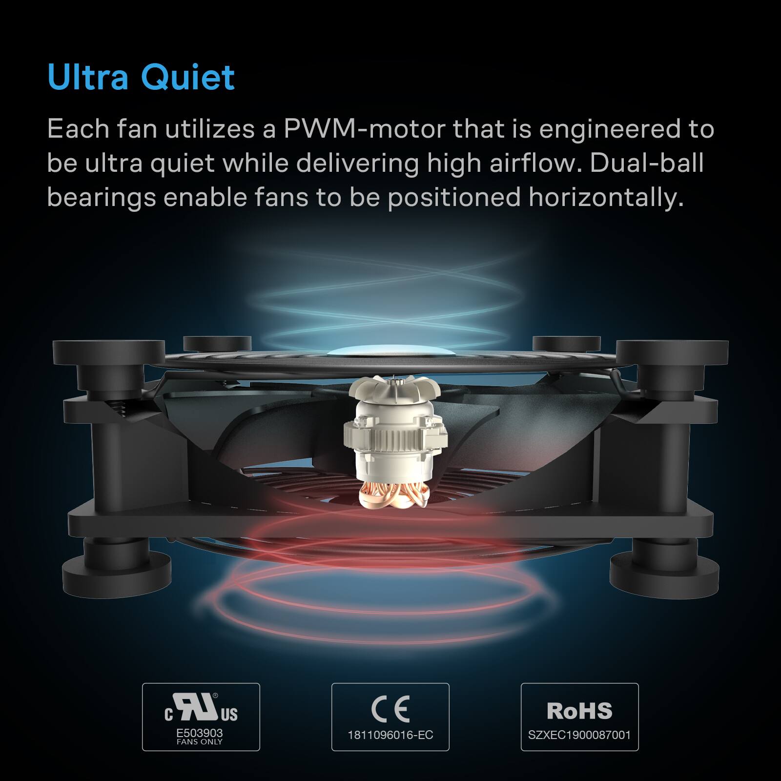 Ultra Quiet

Each fan utilizes a PWM-motor that is engineered to be ultra quiet while delivering high airflow. Dual-ball bearings enable fans to be positioned horizontally.

R LR US E503903 FANS ONLY
CE 1811096016-EC
RoHS SZXEC1900087001