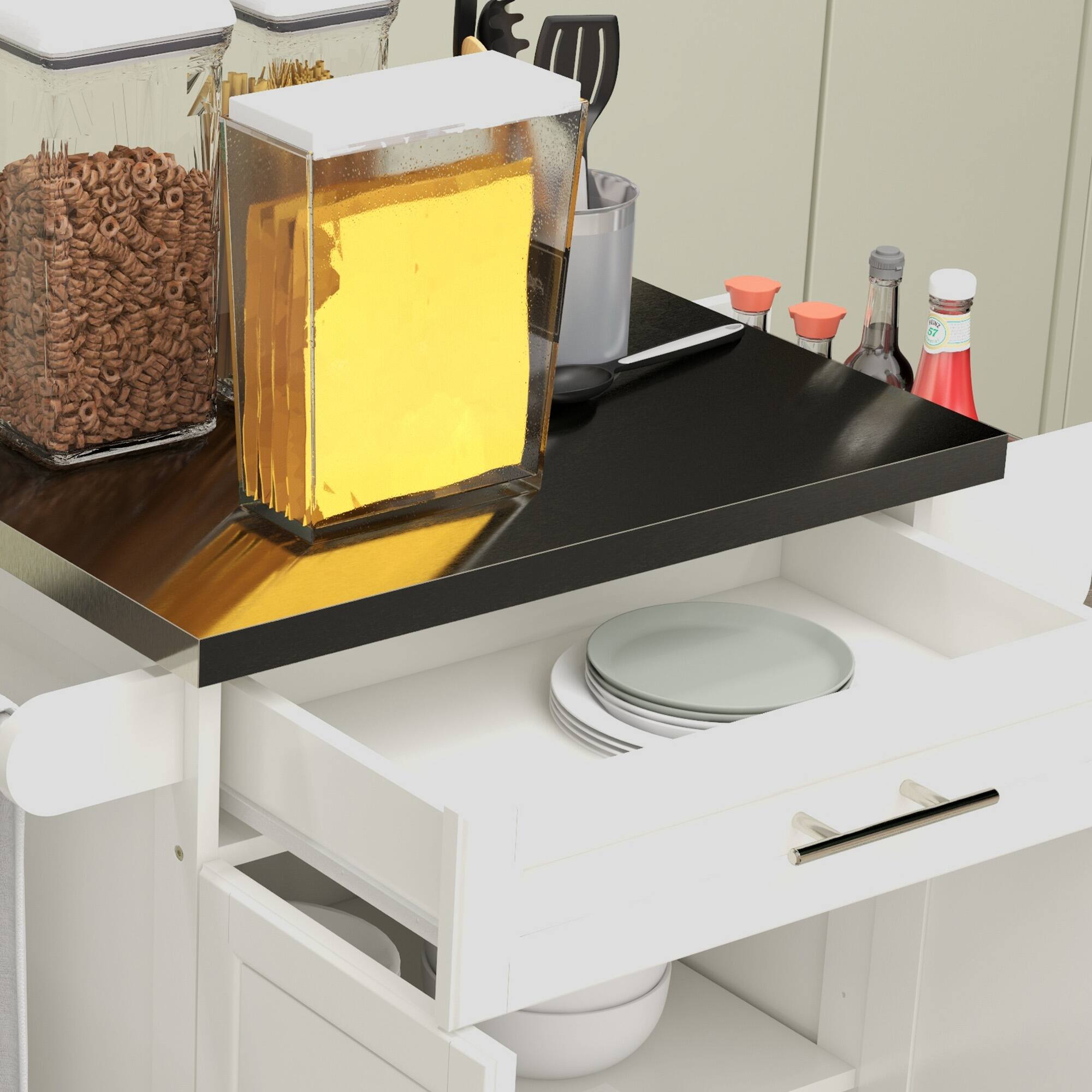 Alt View 7. Homcom - Kitchen Island on Wheels, Rolling Cart with Stainless Steel Countertop, Drawer, Towel Rack & Spice Rack - white.