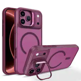 Dteck - Shockproof Phone Case for Apple iPhone 18 Pro with Folding Lens Stand, Matte Magnetic Cover, Raised Lip Protection - Winered