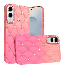 Front. Kitcheniva - Diamond Pattern Padded Design Phone Case With Tempered Glass For Samsung S25 Edge Orange/Pink - Orange/Pink.