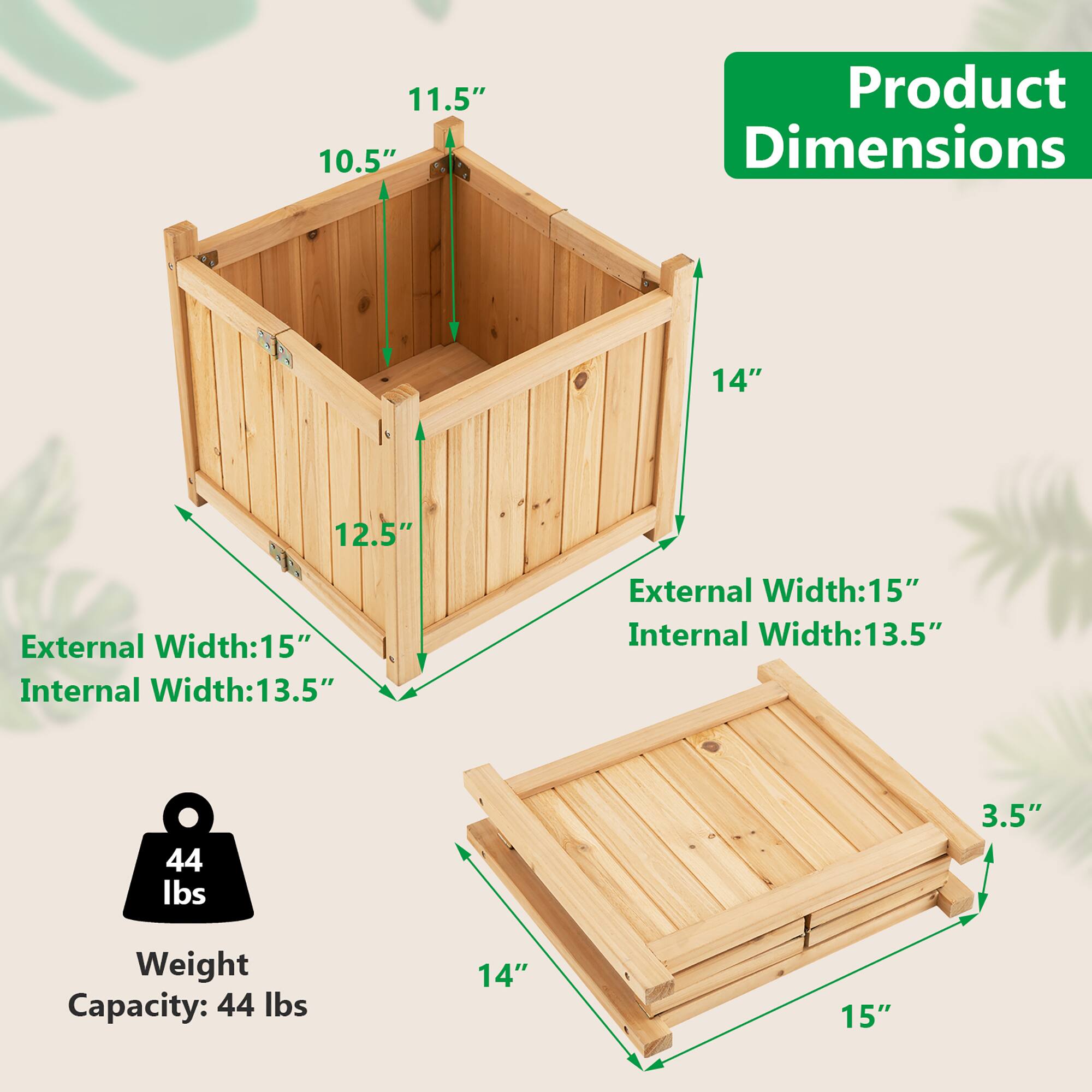 Product Dimensions: 14" x 15"
External Width: 15"
Internal Width: 13.5"
Weight Capacity: 44 lbs