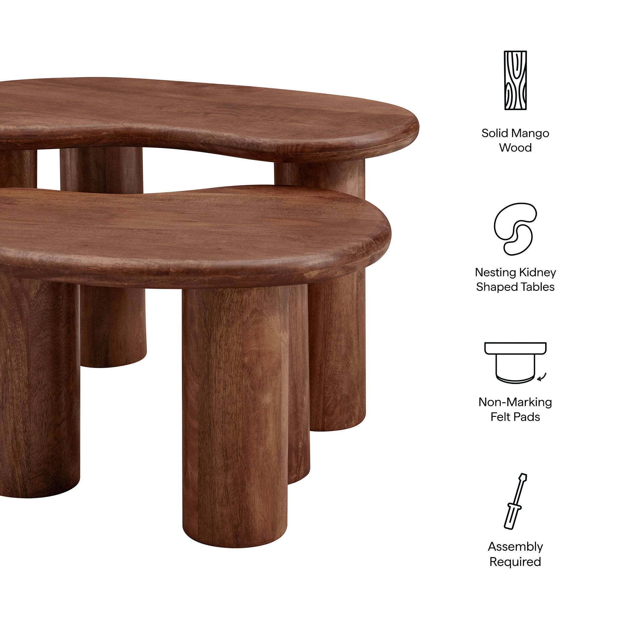 Solid Mango Wood  
Nesting Kidney Shaped Tables  
Non-Marking Felt Pads  
Assembly Required
