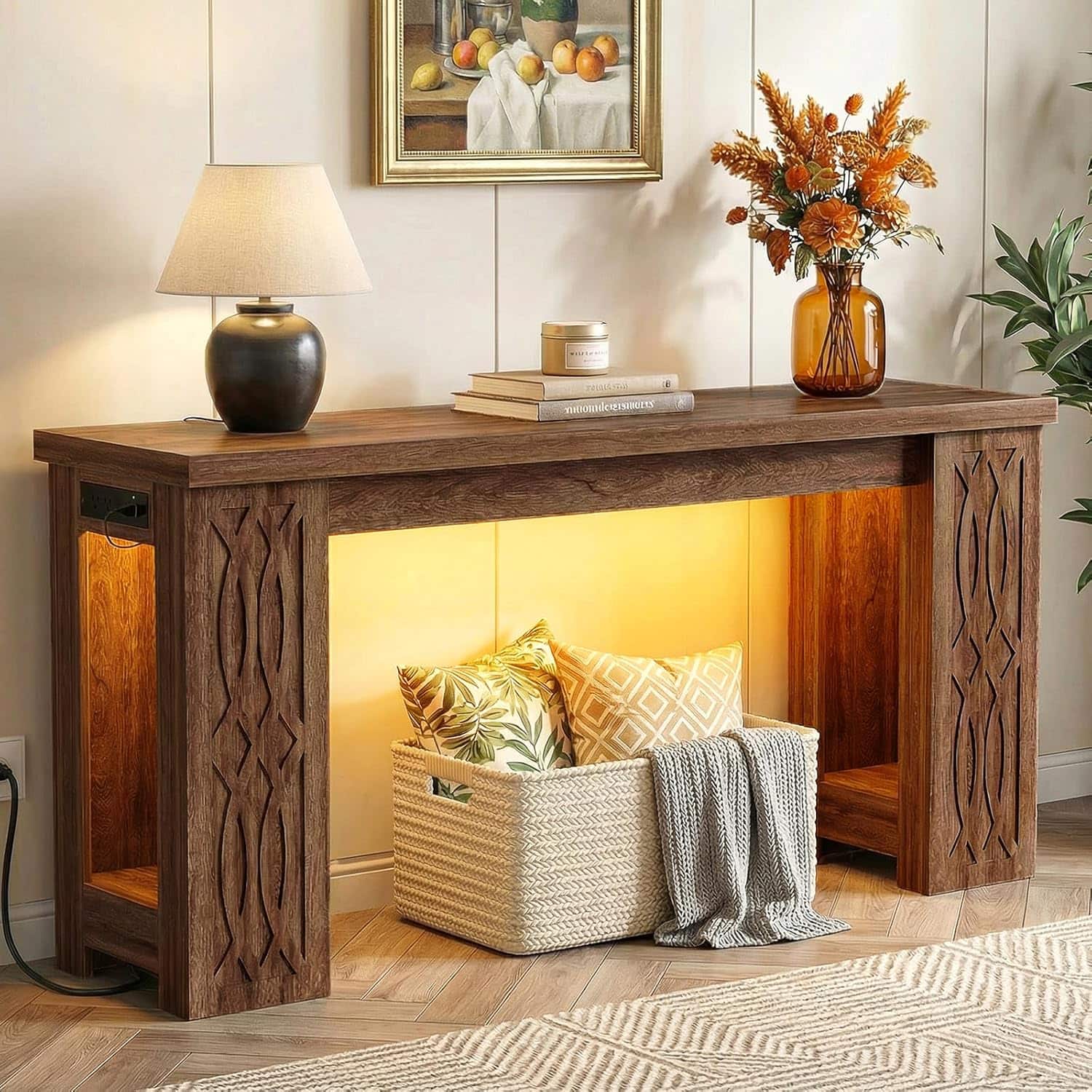 Aheaplus - 63' Farmhouse Console Table - Narrow Entryway Table with Charging Station and RGB LED Lights - Retro Brown