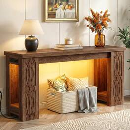 Aheaplus - 63' Farmhouse Console Table - Narrow Entryway Table with Charging Station and RGB LED Lights - Retro Brown