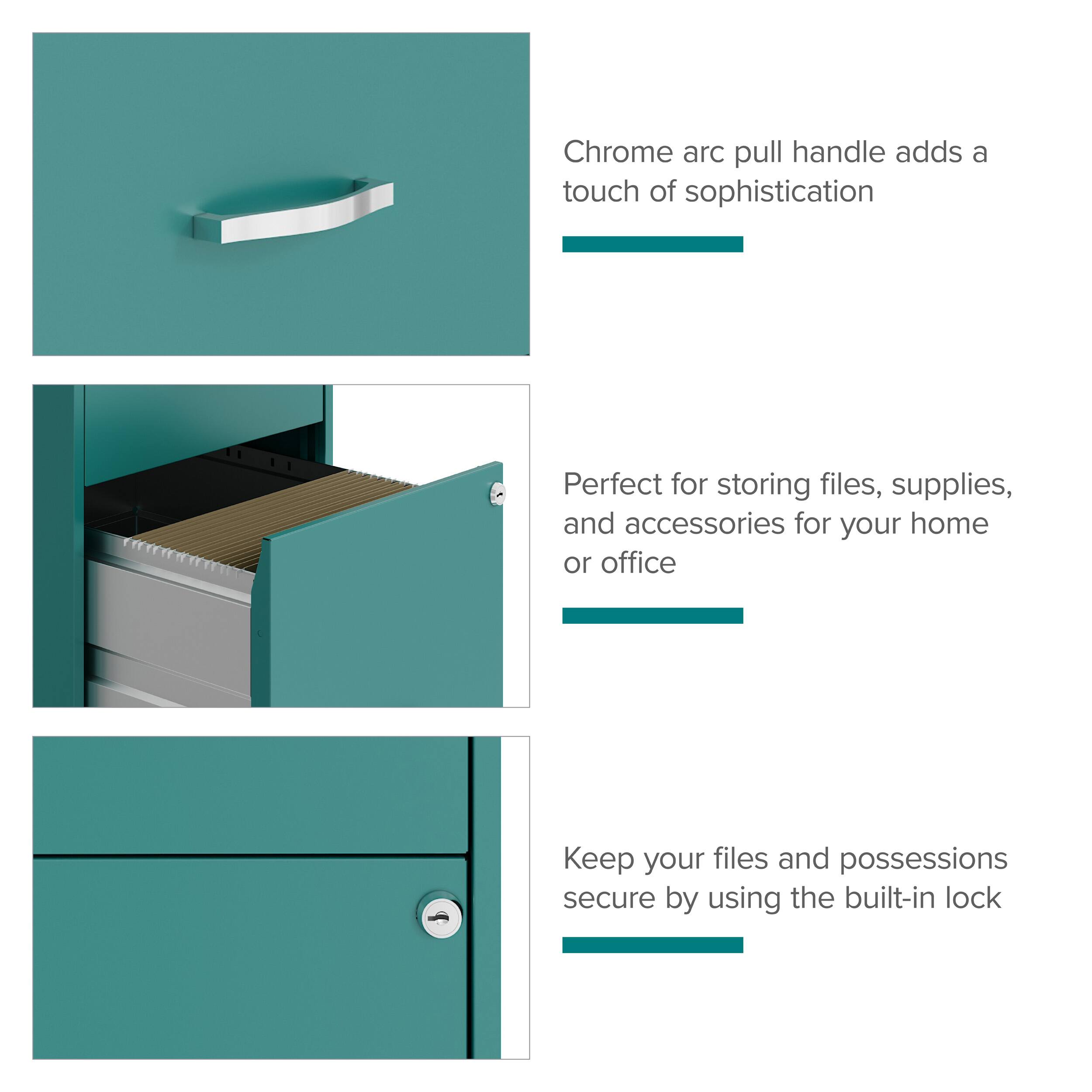 Chrome arc pull handle adds a touch of sophistication

Perfect for storing files, supplies, and accessories for your home or office

Keep your files and possessions secure by using the built-in lock