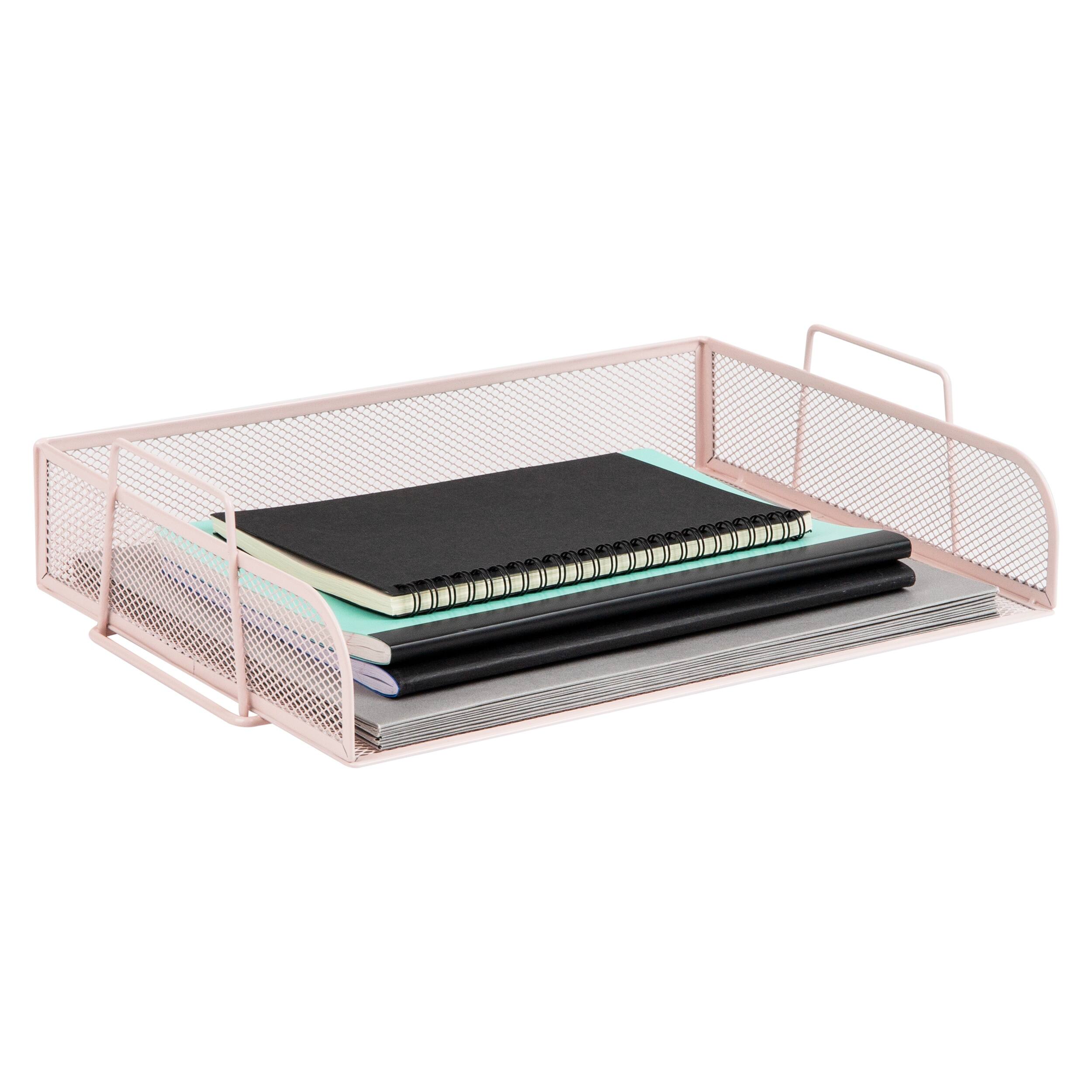 Alt View 4. Mind Reader - Stackable Paper Tray, Desktop Organizer, File Storage, Office, Metal Mesh, 4 Pcs. - Pink.