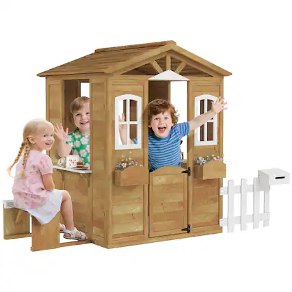Front. Outsunny - Outdoor Playhouse for Kids Wooden Cottage with Working Doors Windows & Mailbox, Pretend Play House for Age 3-6 Years.