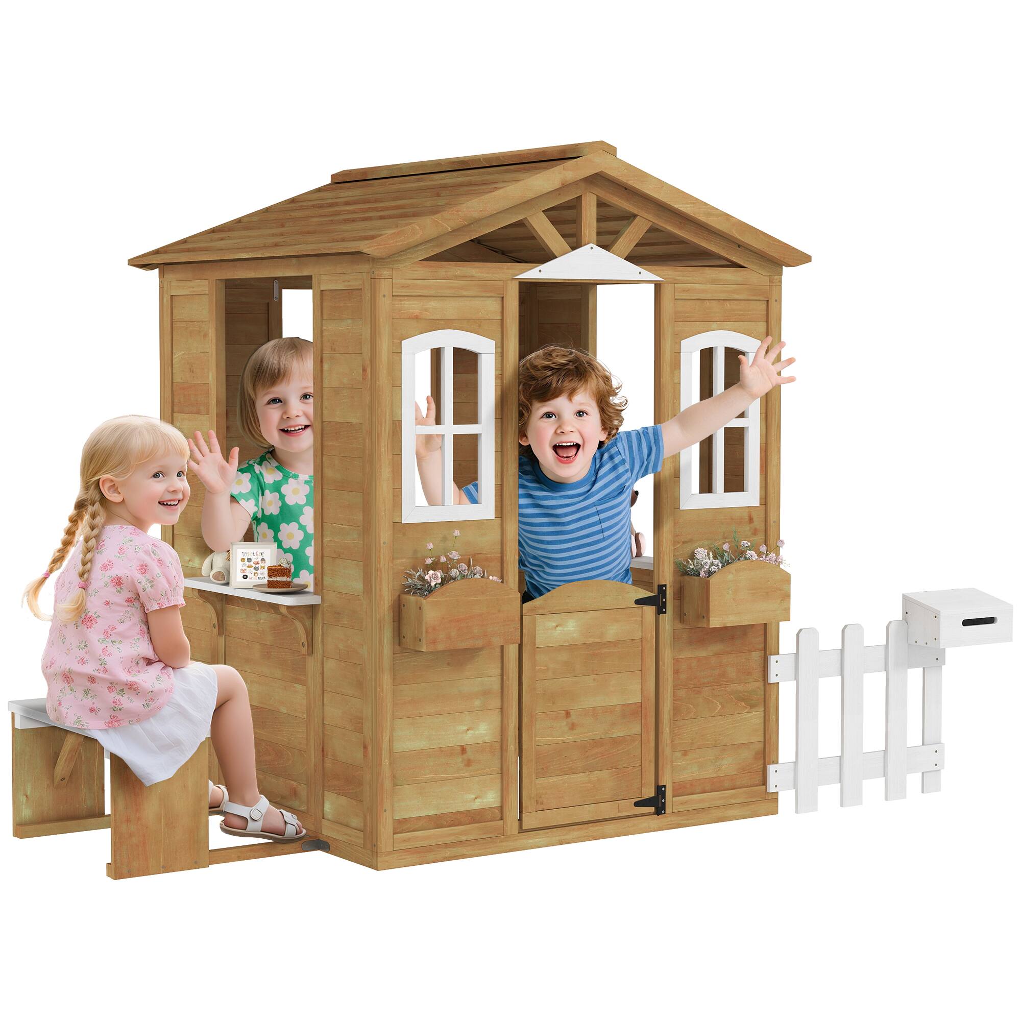 Front. Outsunny - Outdoor Playhouse for Kids Wooden Cottage with Working Doors Windows & Mailbox, Pretend Play House for Age 3-6 Years.