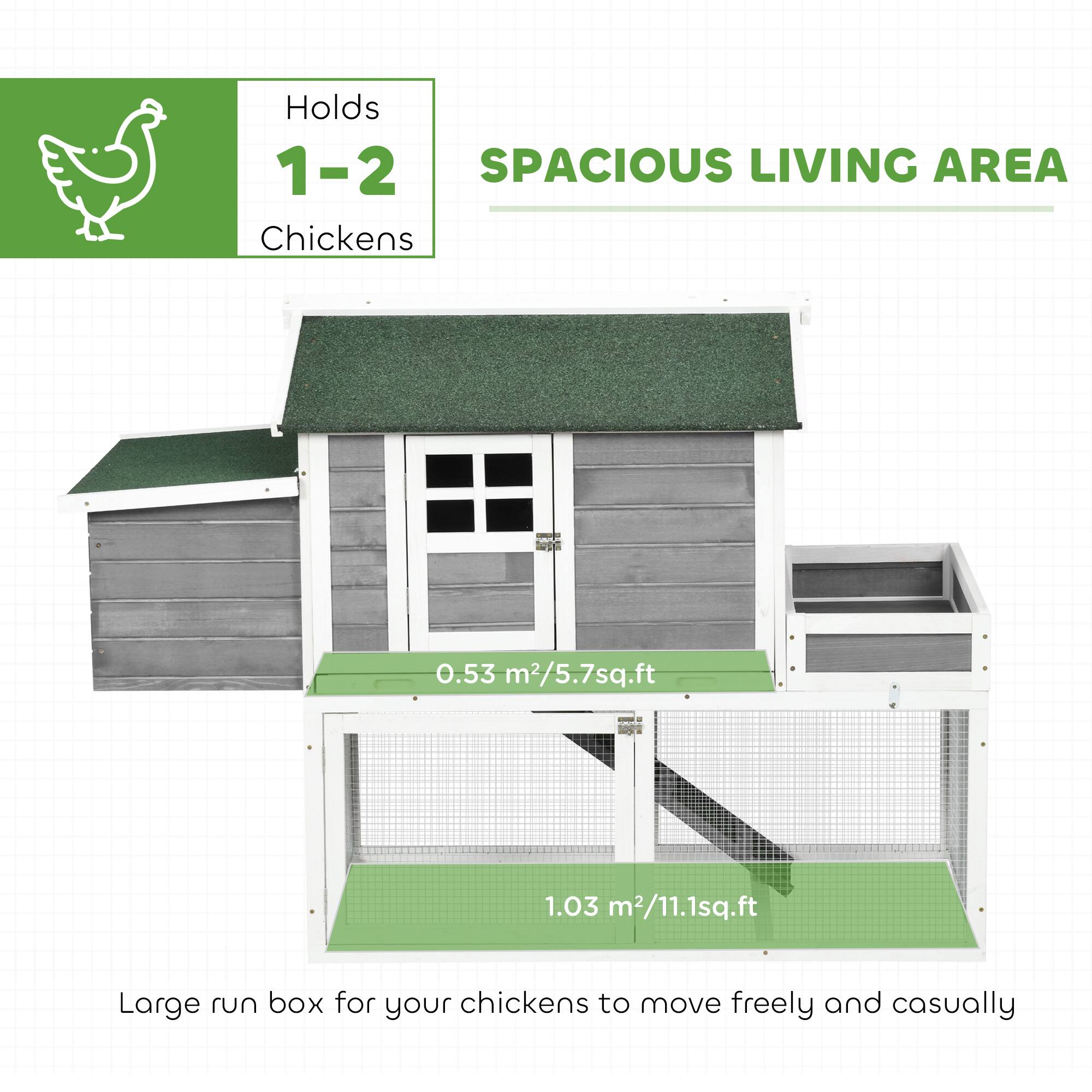 Holds 1-2 Chickens

SPACIOUS LIVING AREA

0.53 m²/5.7 sq.ft

1.03 m²/11.1 sq.ft

Large run box for your chickens to move freely and casually