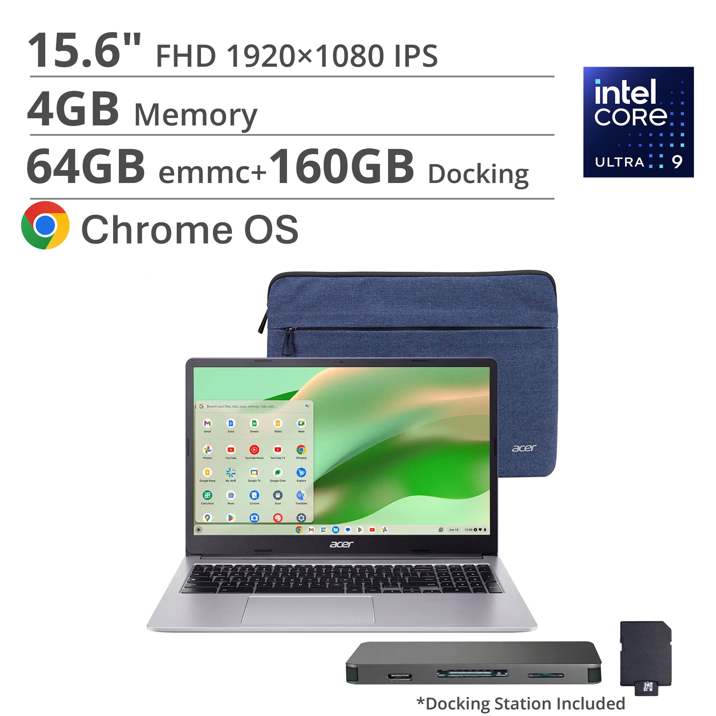 15.6" FHD 1920x1080 IPS  
4GB Memory  
64GB emmc+160GB Docking  
Chrome OS  
Intel Core Ultra 9  

*Docking Station Included