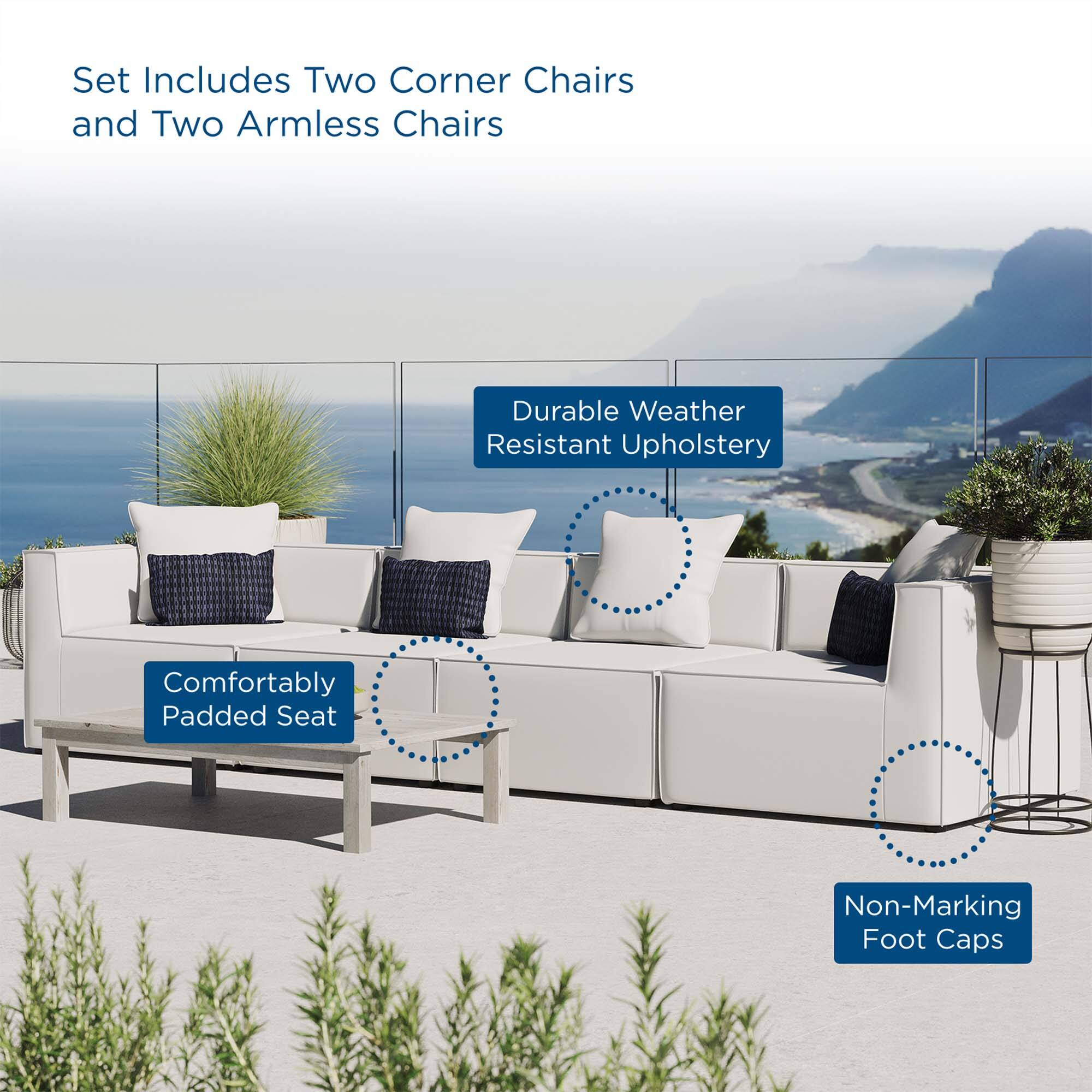 Set Includes Two Corner Chairs and Two Armless Chairs  
Durable Weather Resistant Upholstery  
Comfortably Padded Seat  
Non-Marking Foot Caps
