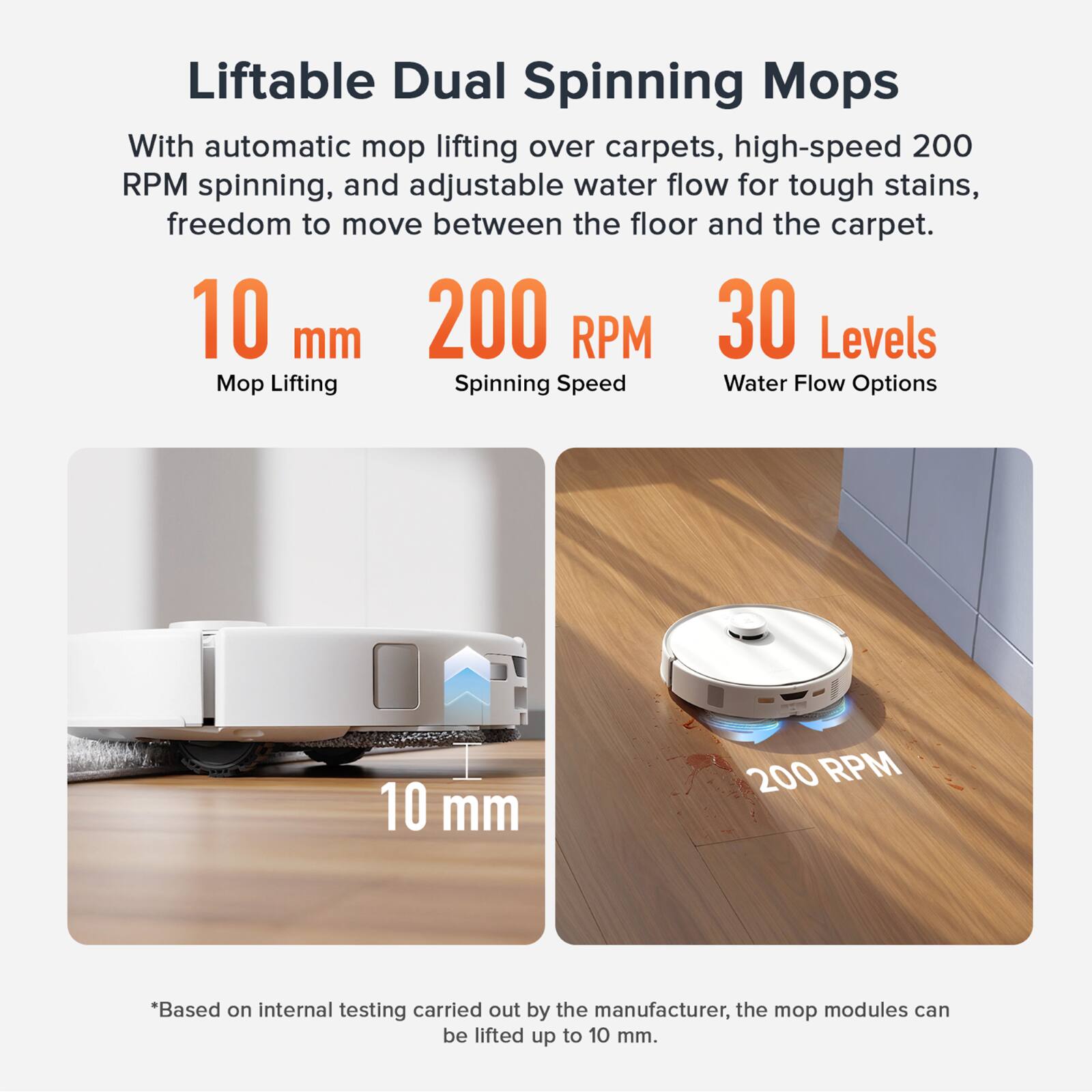 Liftable Dual Spinning Mops

With automatic mop lifting over carpets, high-speed 200 RPM spinning, and adjustable water flow for tough stains, freedom to move between the floor and the carpet.

10 mm
200 RPM
30 Levels

Mop Lifting
Spinning Speed
Water Flow Options

*Based on internal testing carried out by the manufacturer, the mop modules can be lifted up to 10 mm.