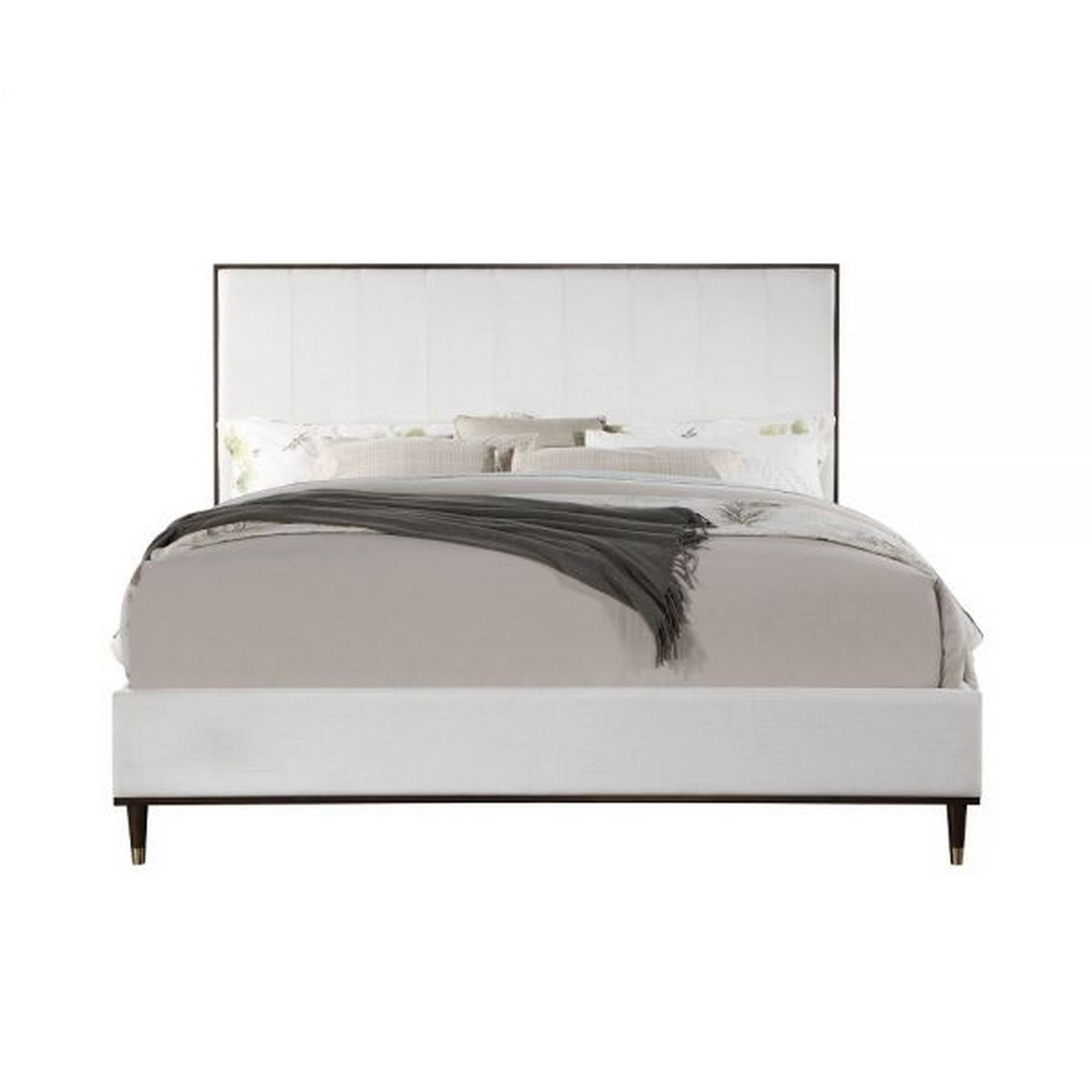 Alt View 1. Manhattan Lane - Aren Queen Bed, Light Gray Fabric Upholstery, Crisp White and Smooth Brown - Gray, White, Brown.