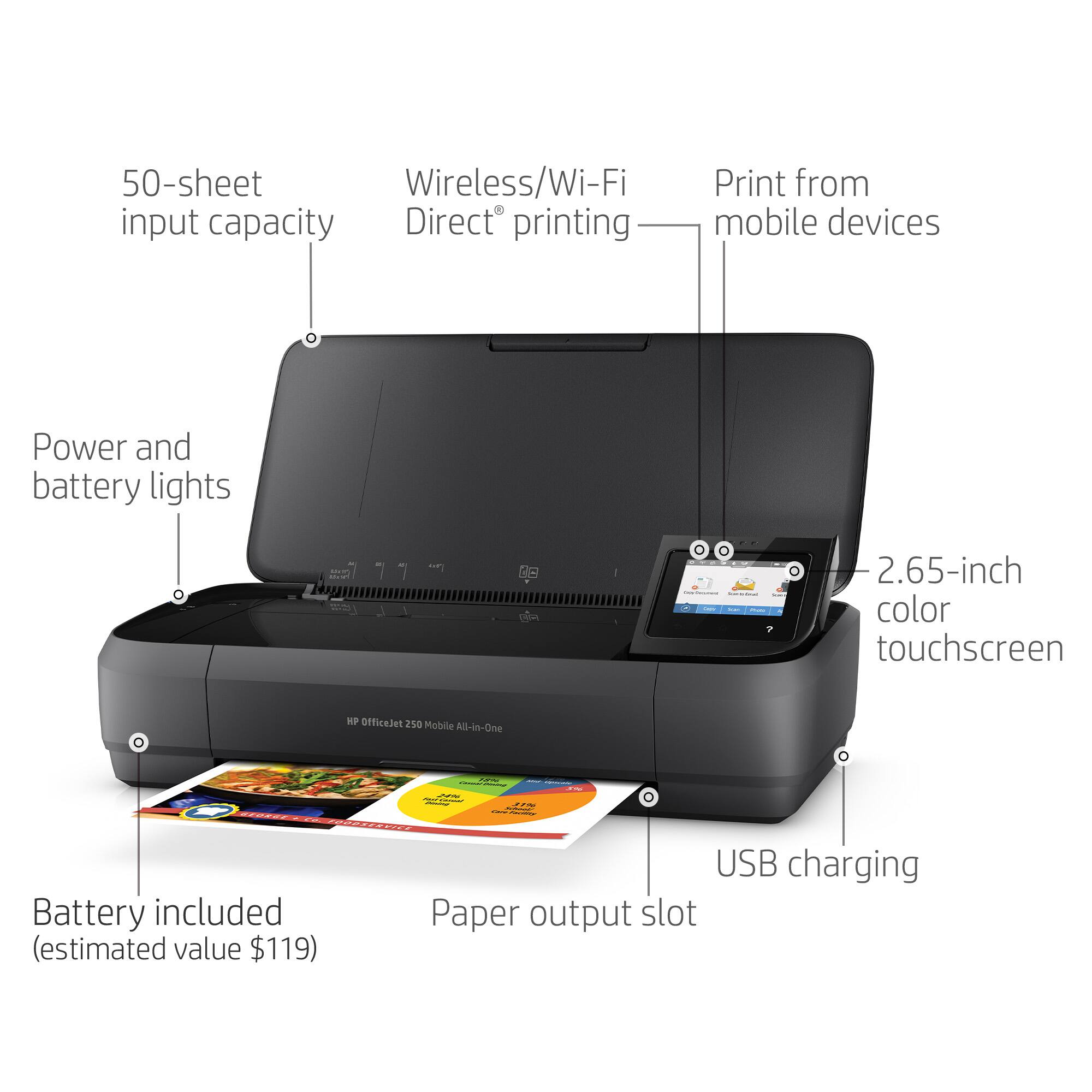 50-sheet input capacity, Wireless/Wi-Fi Direct printing, Print from mobile devices, Power and battery lights, 2.65-inch color touchscreen, Battery included (estimated value $119), USB charging, Paper output slot