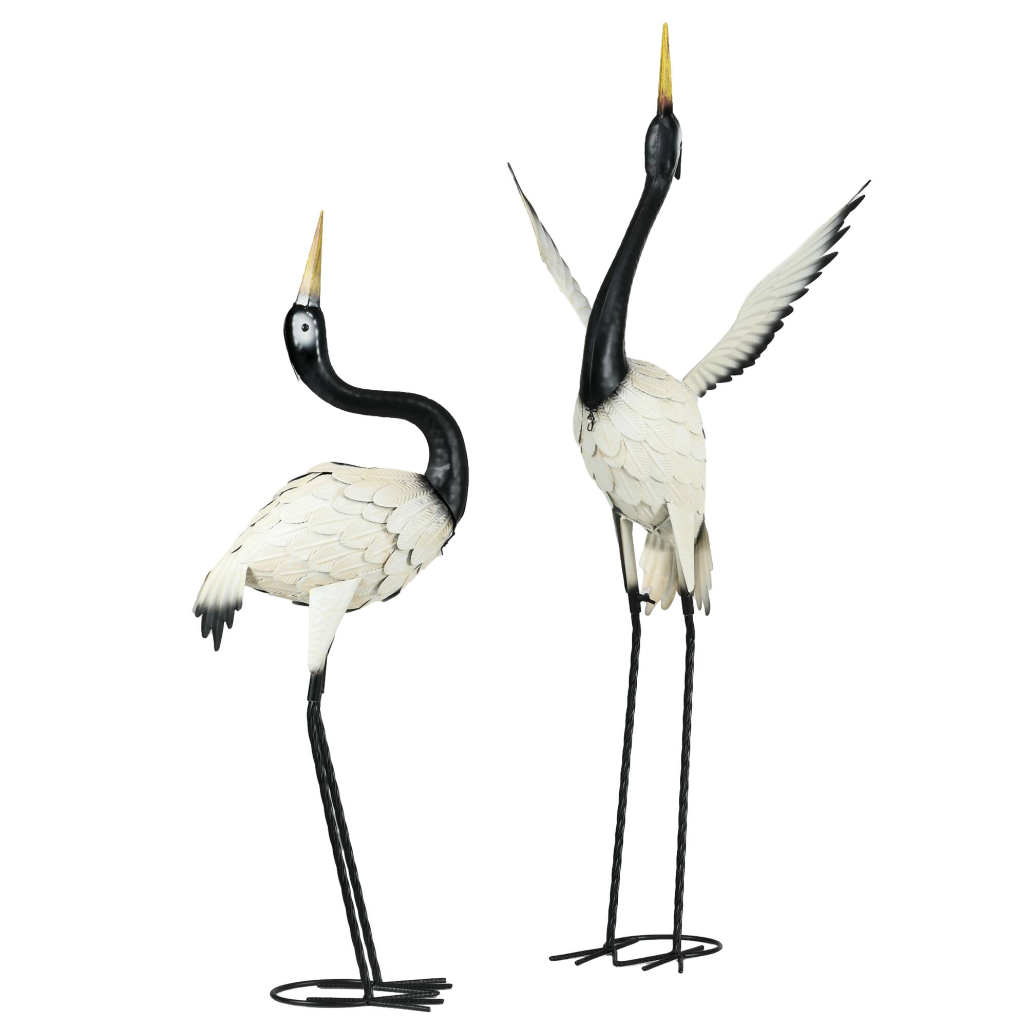Front. Outsunny - of 2 Garden Sculptures, Heron Garden Statues for Lawn, Patio, Backyard Decoration, 35.5" & 40.5" - White, Black.