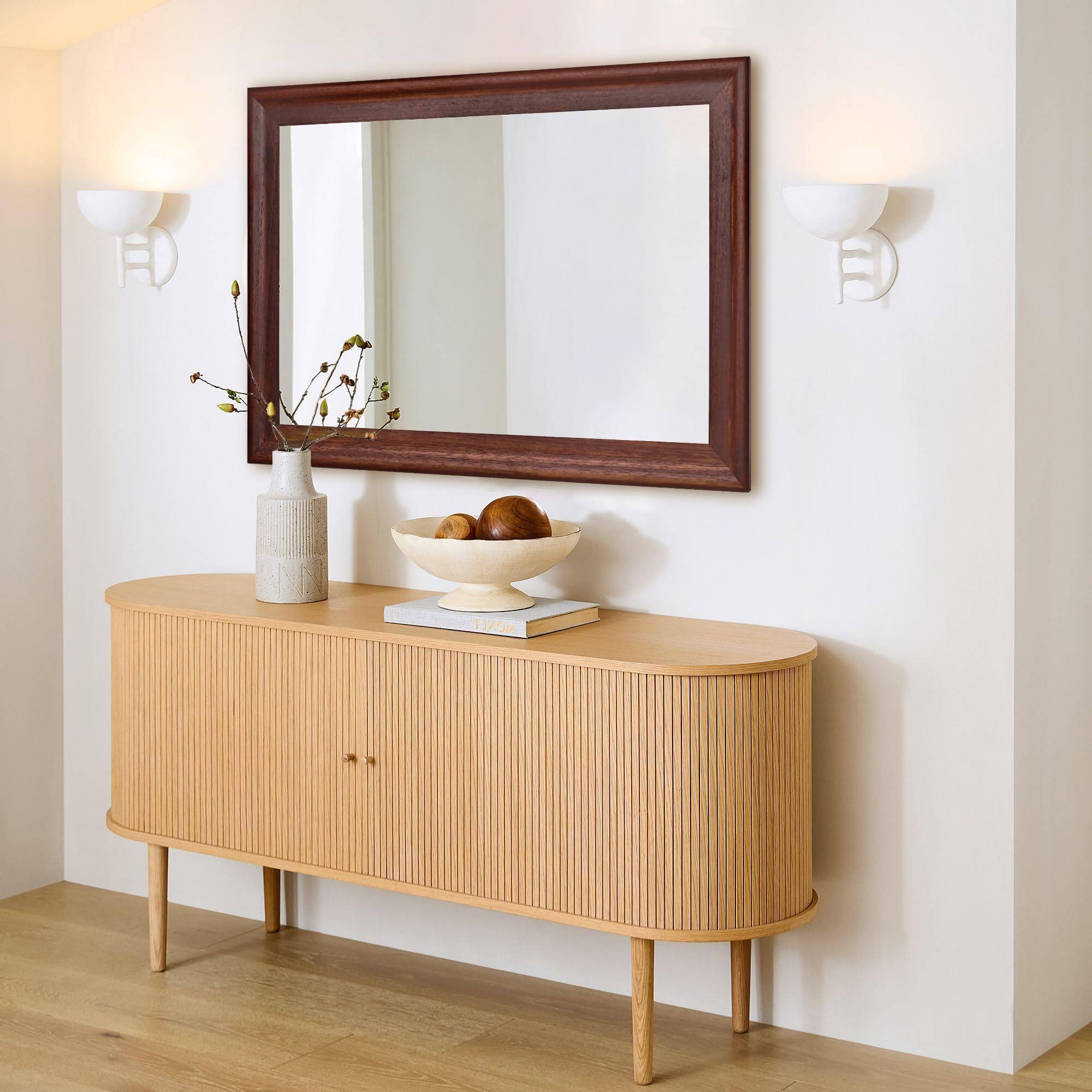 Alt View 3. HM 1810 - Rustic Wood Wall Mirror For Bathroom Rectangle Hanging Vanity Mirrors With Wooden Frame Living Room Bedroom - White 40"L x 30"W.