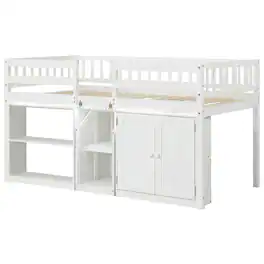 Costway - Low Loft Bed with LED Light, Stairs & Guardrails, Modern Wood Kids Twin Bed - White