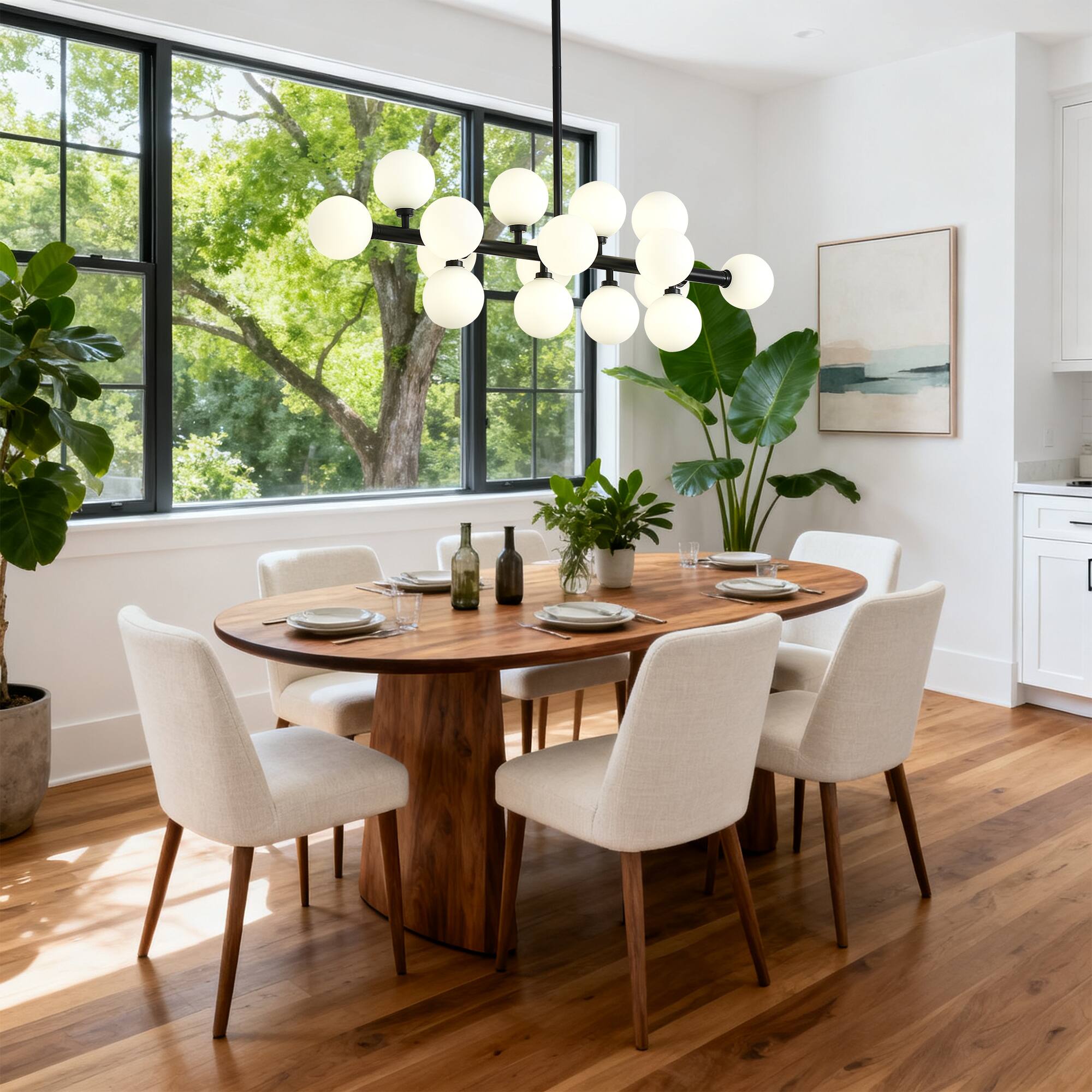 Angle. RYHNUYNE - 16-Light Sputnik Chandelier 37.4 Inch Mid-Century Modern Pendant Light with Opaline Glass Adjustable Height.